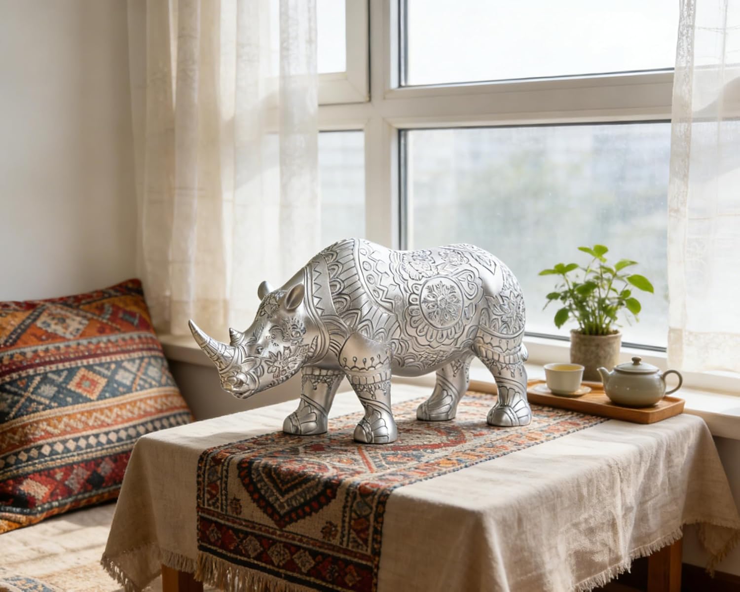Rhinoceros Statue Symbol of Protection and Strength, 12 inch Resin Silver Boho Animal Home Office Bedroom Living Room Table Desk Fengshui Decor, House Warming Gifts for New Home