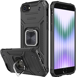 Honeyview Shockproof Case for iPhone SE 2022 / iPhone SE 2020 / iPhone 8/7/6/6s with Metal Ring Kickstand, Bumper Apple Phone Cover for iPhone SE 2nd 3rd Generation - Black