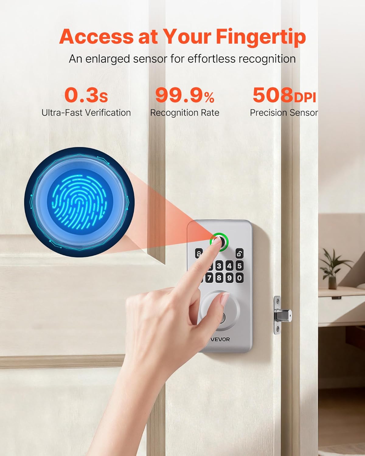 VEVOR Fingerprint Door Lock, Electronic Biometric Deadbolt with Pioneering Easy-Grip Design, Auto Locking, One-Time Code, Anti-Peeking Password, Keyless Entry Door Lock for Home, Apartment, Silver
