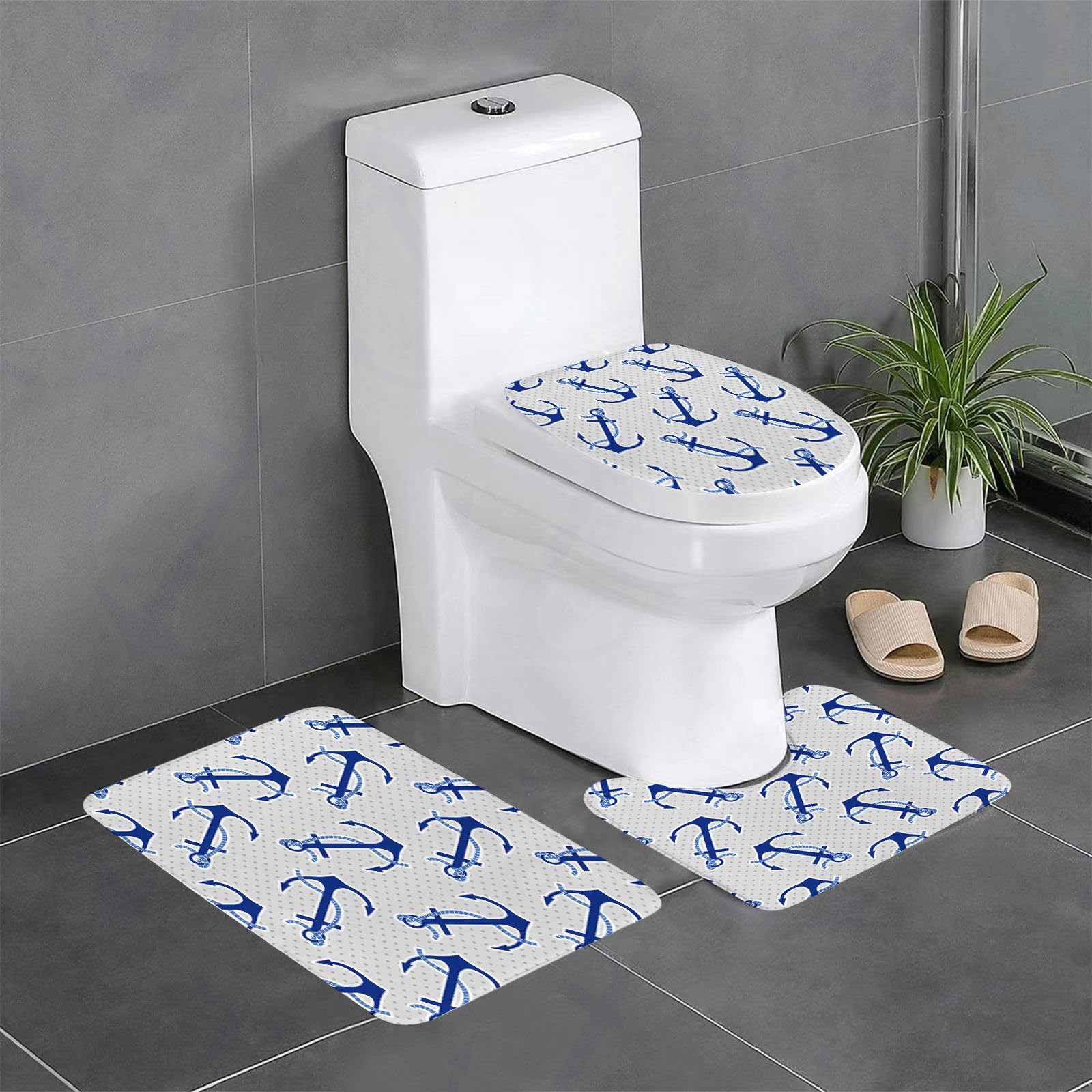 Set di 3 tappetini da Bagno, Lavabili in Lavatrice e Antiscivolo, in Morbida Fibra Superfine, con Motivo a Ancore vettoriali.
