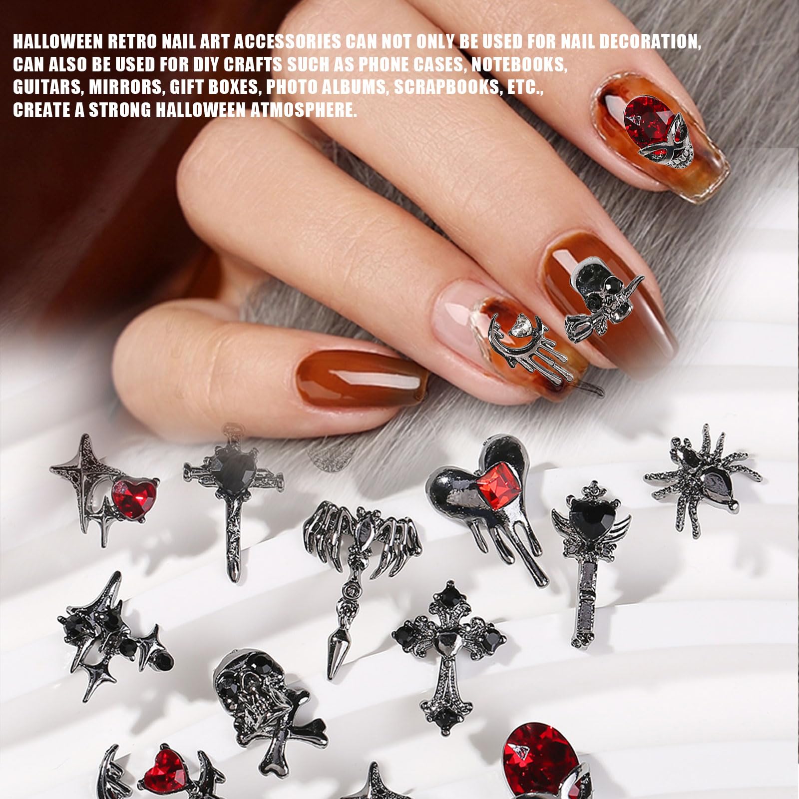 Halloween Nail Charms,32PCS Skull Skeleton Spider Cross Moon Heart Nail Rhinestones and Gems,Silver Alloy Nail Art Jewelry Decoration for DIY Halloween Nail Design Crafts - Image 4