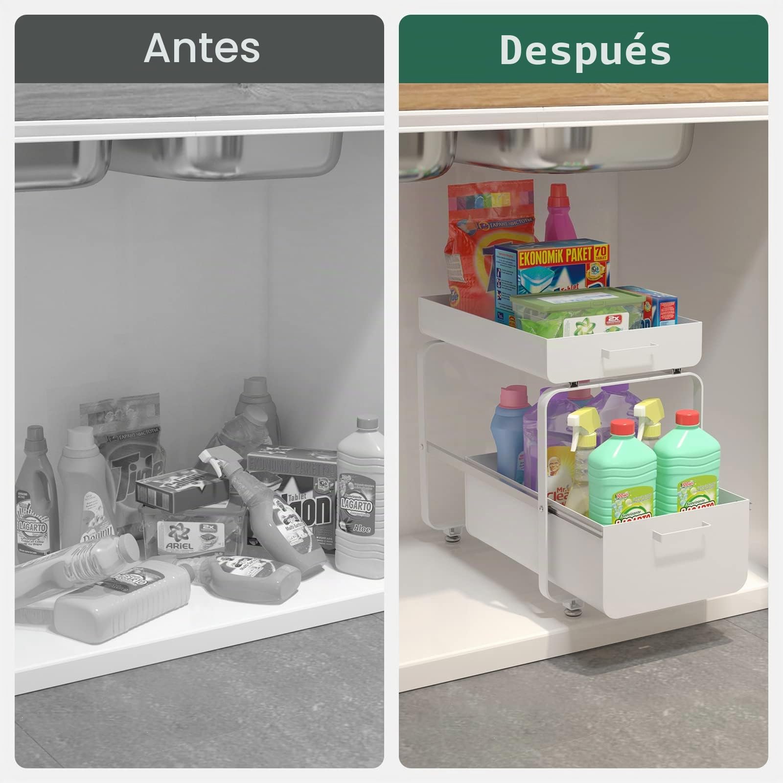 Todeco Cajones Fregadero 2 Niveles Blanco Acero Carbono | Organizador armario pila extracción suave, rejilla ventilada humedad, estructura acero al carbono, ahorro espacio vertical