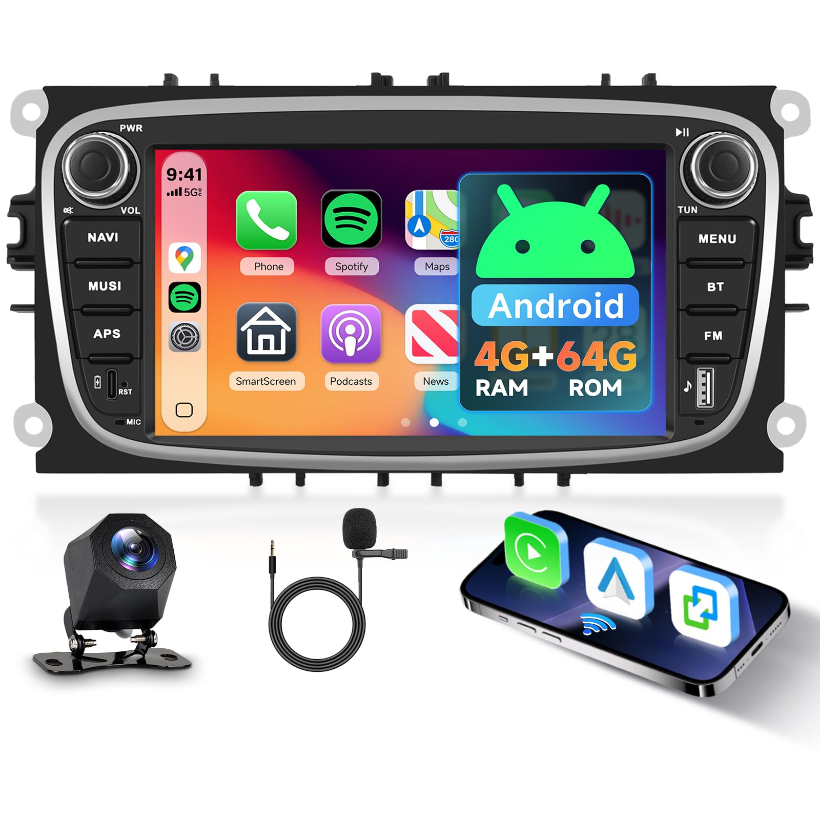 Hodozzy 4G+64G Android Autoradio für Ford Focus II S-Max Mondeo Galaxy II C-Max mit Wireless Carplay Android Auto, Radio 7 Zoll Touchscreen Navi Bluetooth WiFi, Typ C/USB, DSP FM/RDS Rückfahrkamera