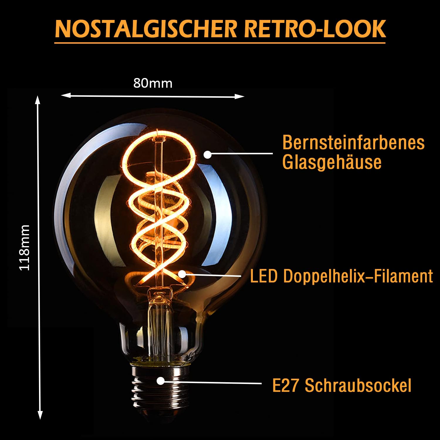 Edison LED Vintage Glühbirne, Dimmbar Glühbirne E27 4W LED Warmweiss, Vintage Edison Dimmbar lampe E27 Ideal für Nostalgie und Retro Beleuchtung - Rauchgrau Glas - 6 Stück（G80 YHS）