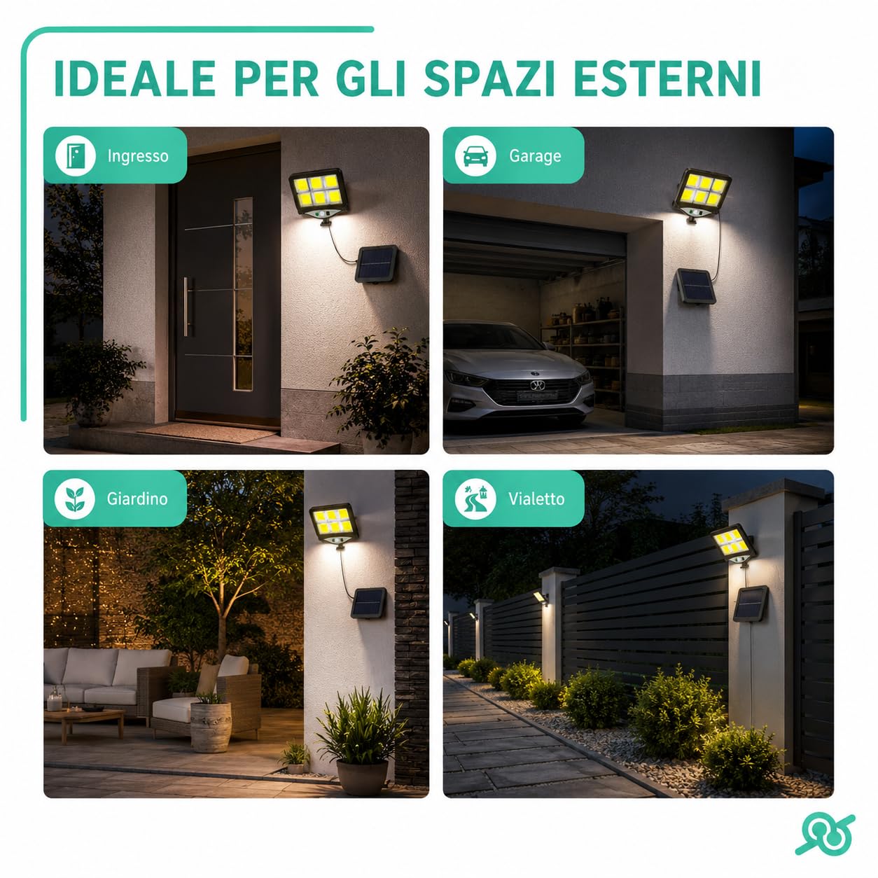 tempo di saldi Set 4 Lampade Solari da Esterno con Sensore di Movimento, Faretti LED con Pannello Solare per Giardino, Garage, Cortile e Ingresso