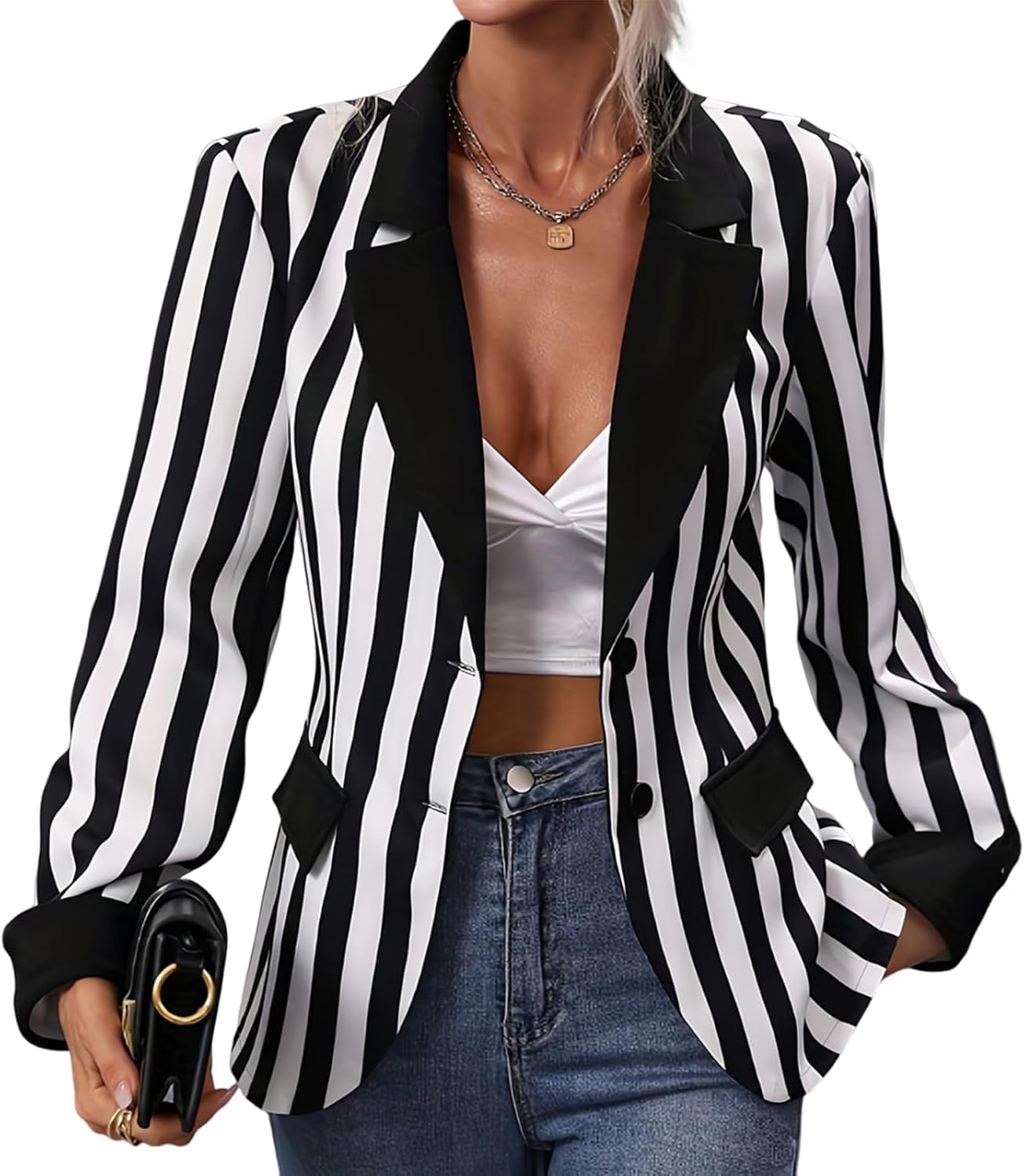 Blazer Femme Rayé Noir Et Blanc - Manches Longues, Fermeture Bouton, Décontracté Et élégant, Tailles S-XXL Blazer Femme Rayé Noir Et Blanc - Manches Longues, Fermeture Bouton, Décontracté Et élégant, Tailles S-XXL