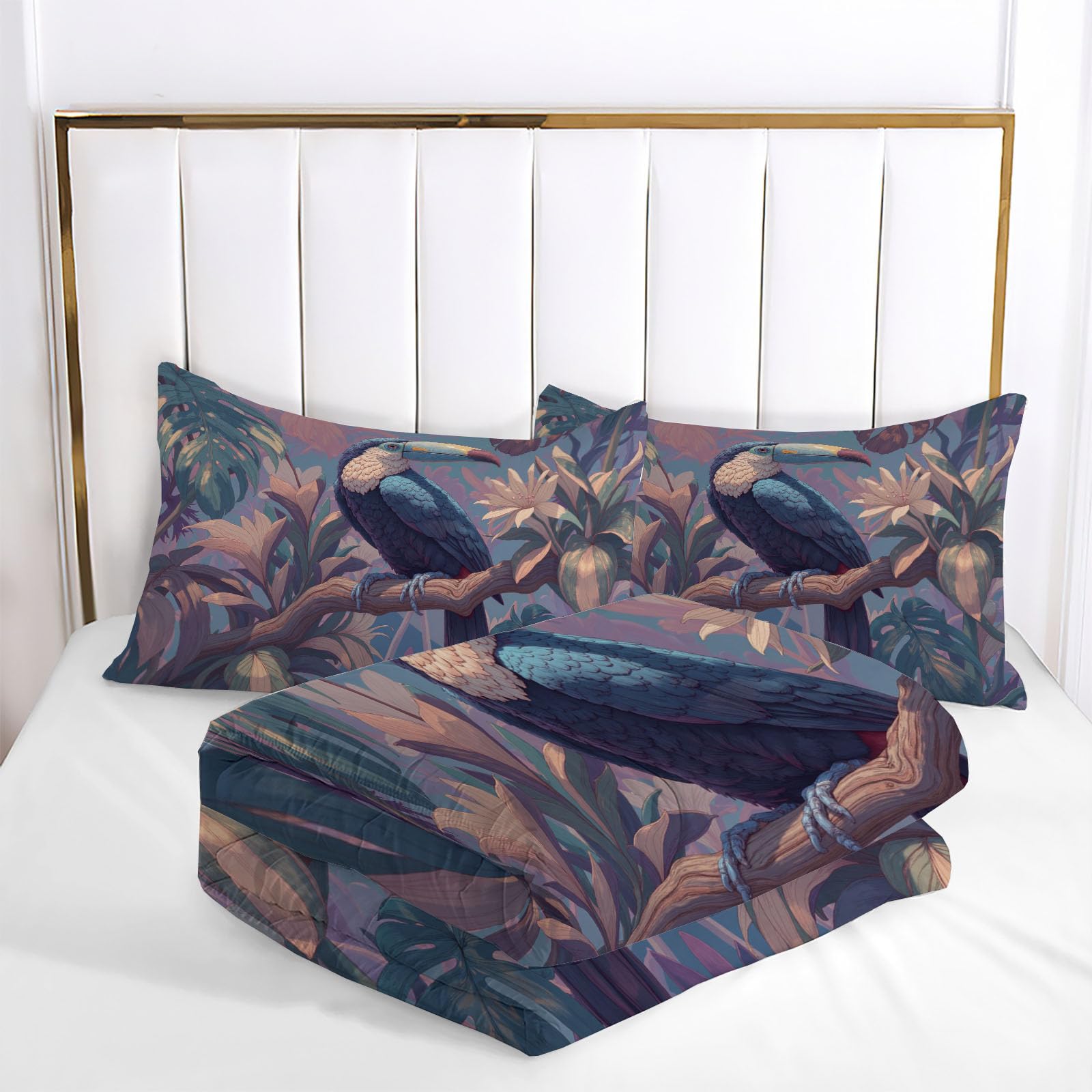 Trapunta Letto Singolo 4 Stagioni Piumone per Bambini, Retro Tucano Leggero Foresta Pluviale Tropicale Astratta Set di Biancheria da Letto 140x200cm con 1 Federe,Piumino Lavabile In Lavatrice