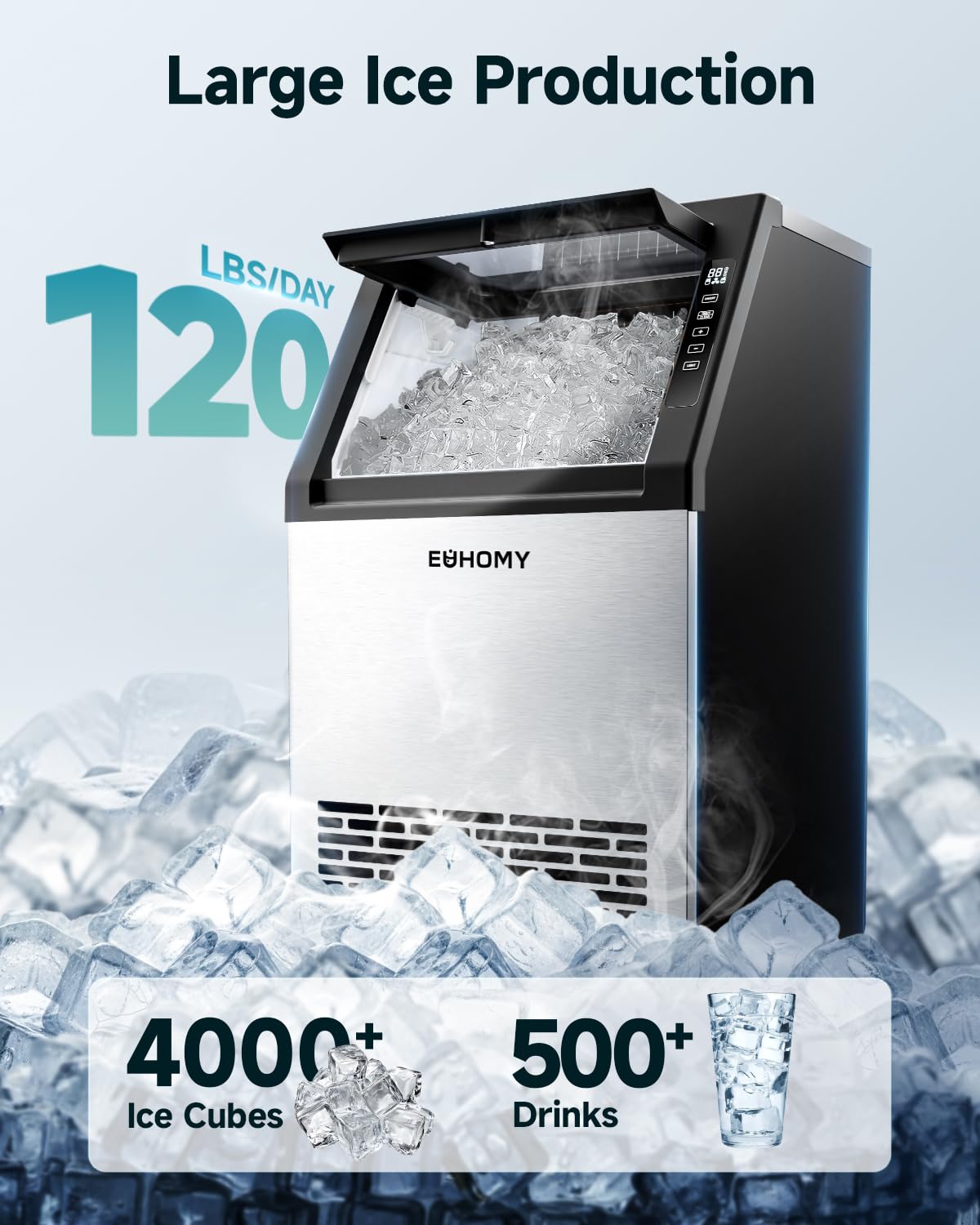 Euhomy Portable Countertop Ice Maker - 9 Cubes In 6 Mins, 26lbs/Day, Self-Cleaning With Ice Scoop & Basket, Compact For Home/Kitchen/Office/RV (Pink) on Fridge.com - View 2