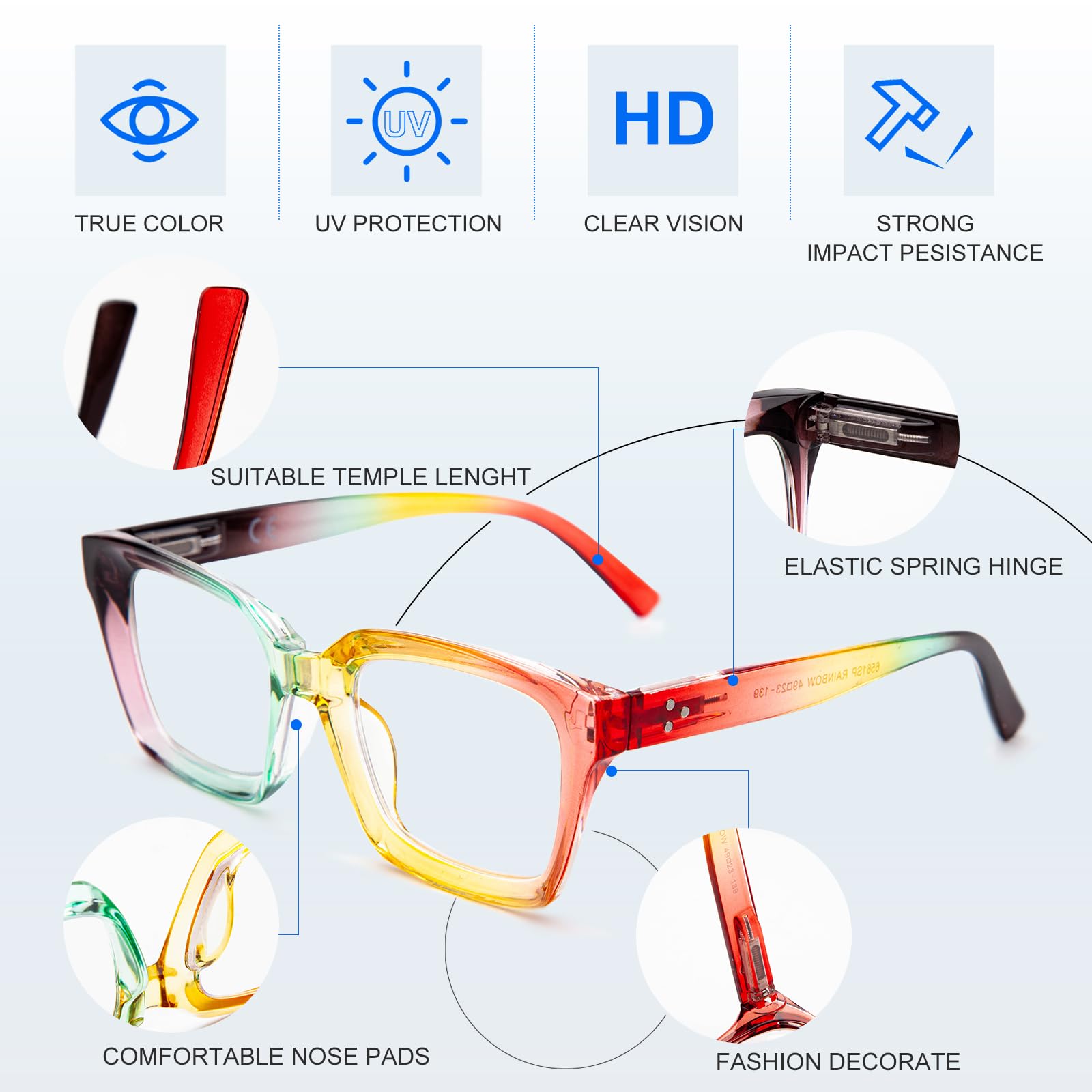 Amorays Occhiali da Lettura Oversize Square Frame Vintage con Anti Luce Blu Lenti Cerniera a Molla Occhiali Presbiopia Lettori per Donna Uomo 6561NEW(colorato,+1.5)