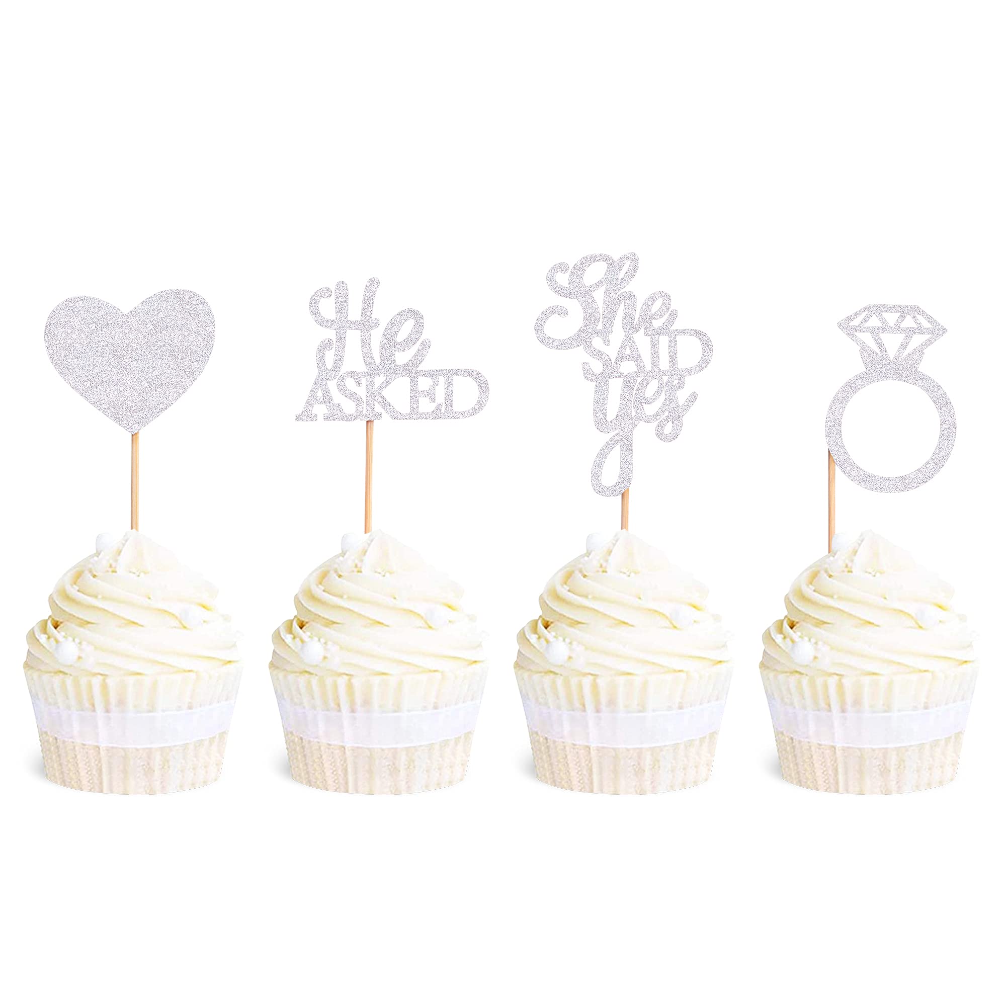 Ercadio 48 Pack He Asked She Said Yes Cupcake Toppers Glitter Heart Ring Cupcake Picks Decorations for Wedding Engagement Bridal Shower Party Supplies Silver