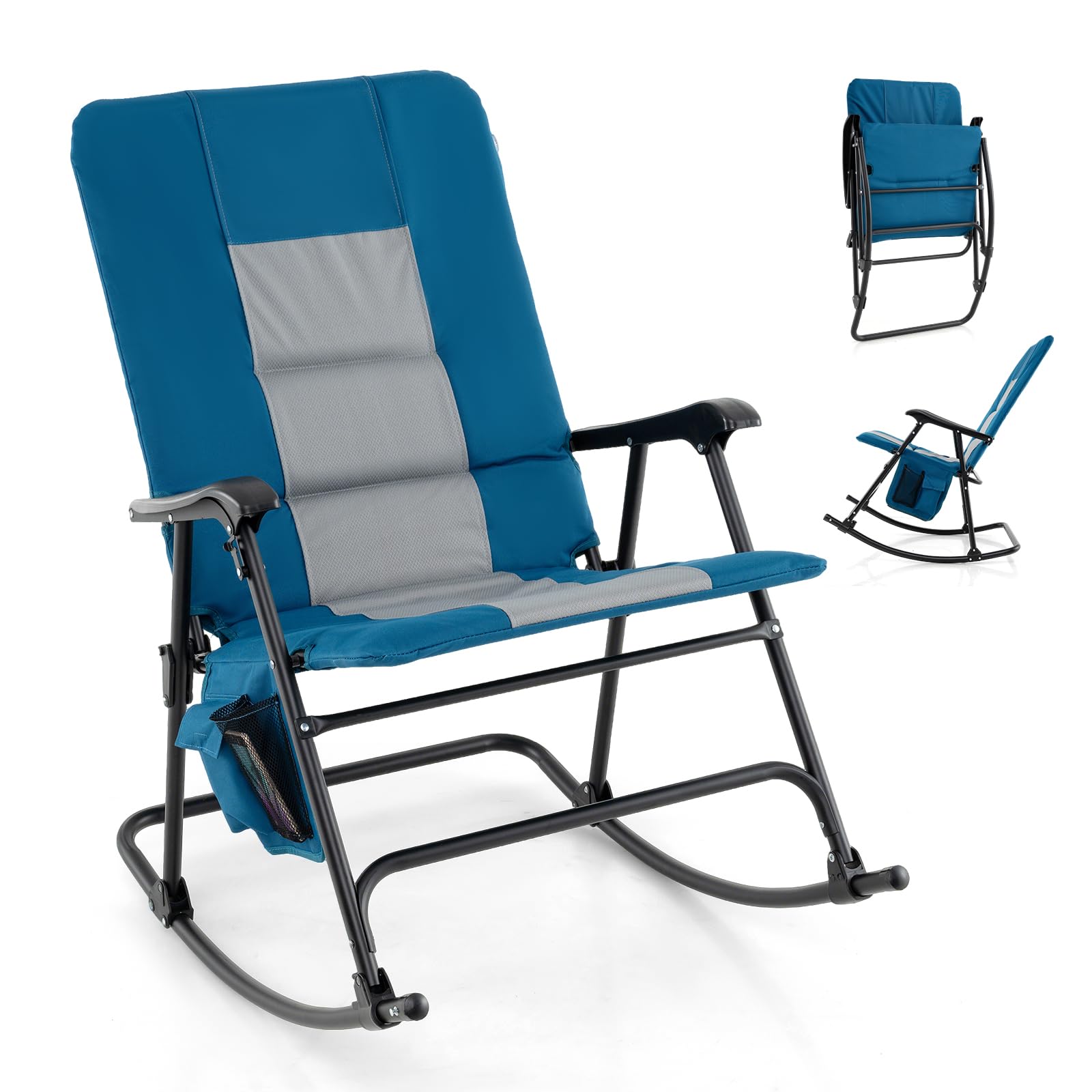 Goplus Oversized Folding Rocking Chair, Padded Patio Lounge Rocker w/Metal Frame, Armrests, Side Pocket, Lightweight Portable Rocking Chair for