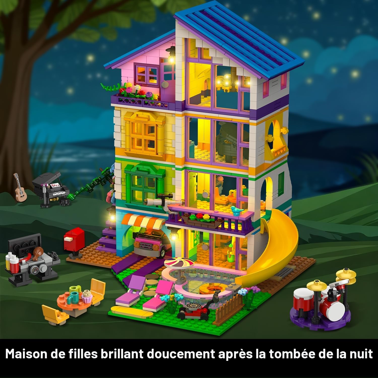 CUBIMANA Friends Maison de Filles avec Lumière LED pour Enfant de 6+ Ans | Kit de Construction Fille avec Voiture et Piscine, 1317PCS Maison Jeu de Rôle, Cadeau Noël Anniversaire pour Fille Garçon