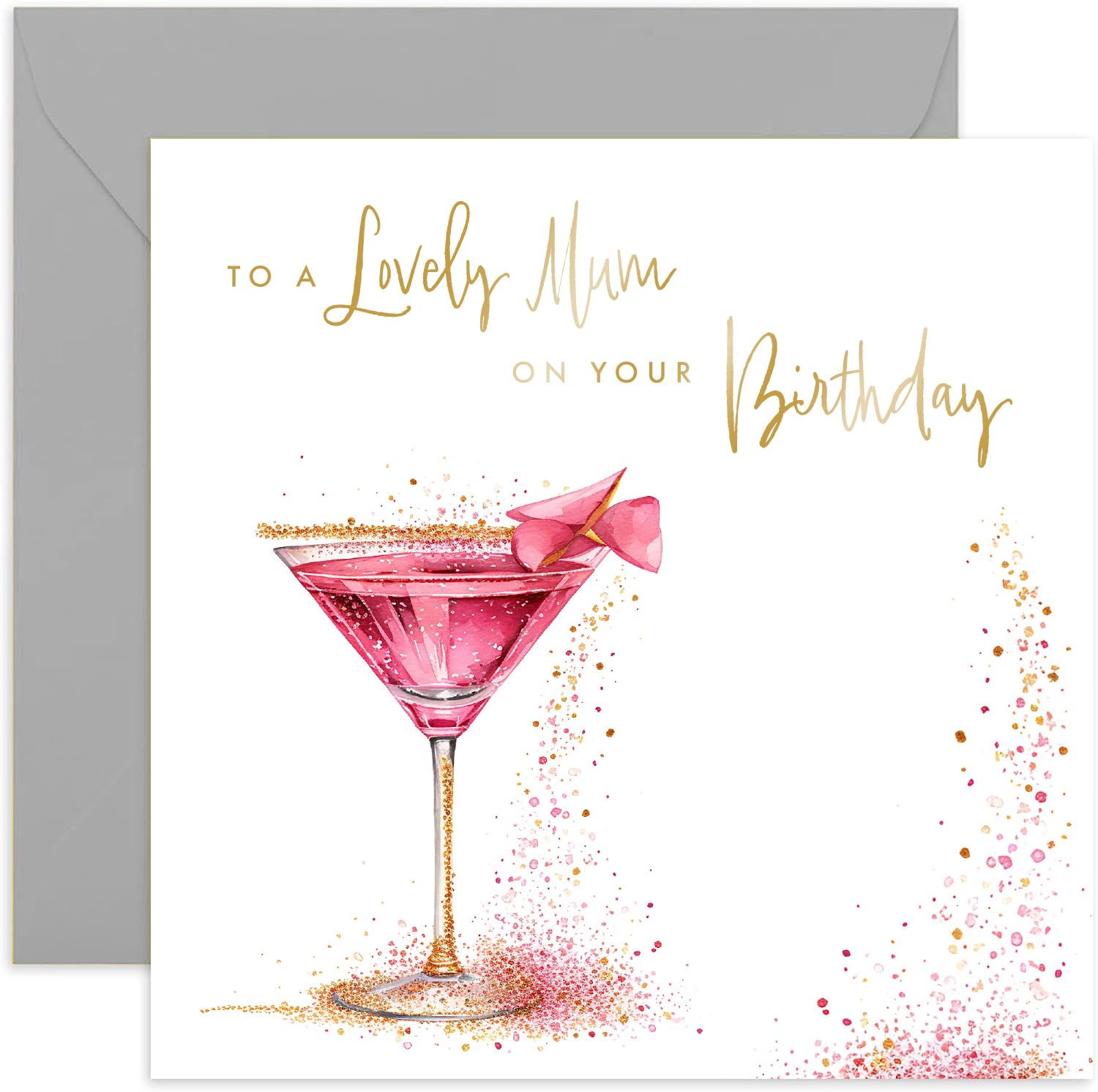 Old English Co. Lovely Mum Birthday Card - Special Birthday Card for Mum - Fabulous Pink Cocktail Gold Foil Glitter Design for Women - 40th, 50th, 60th, 70th - Cute Card for Her | Blank Inside