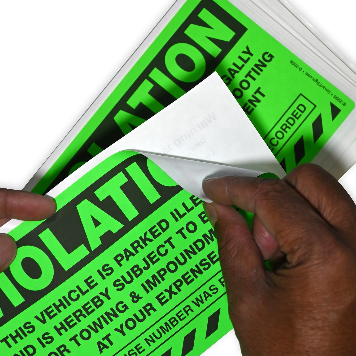 SmartSign Parking Violation Stickers, Pack 50 Labels with Permanent Adhesive, 5" x 8" Paper, Vehicle Illegally Parked Subject to Impoundment Sticker Tickets, Fluorescent Green, USA-Made