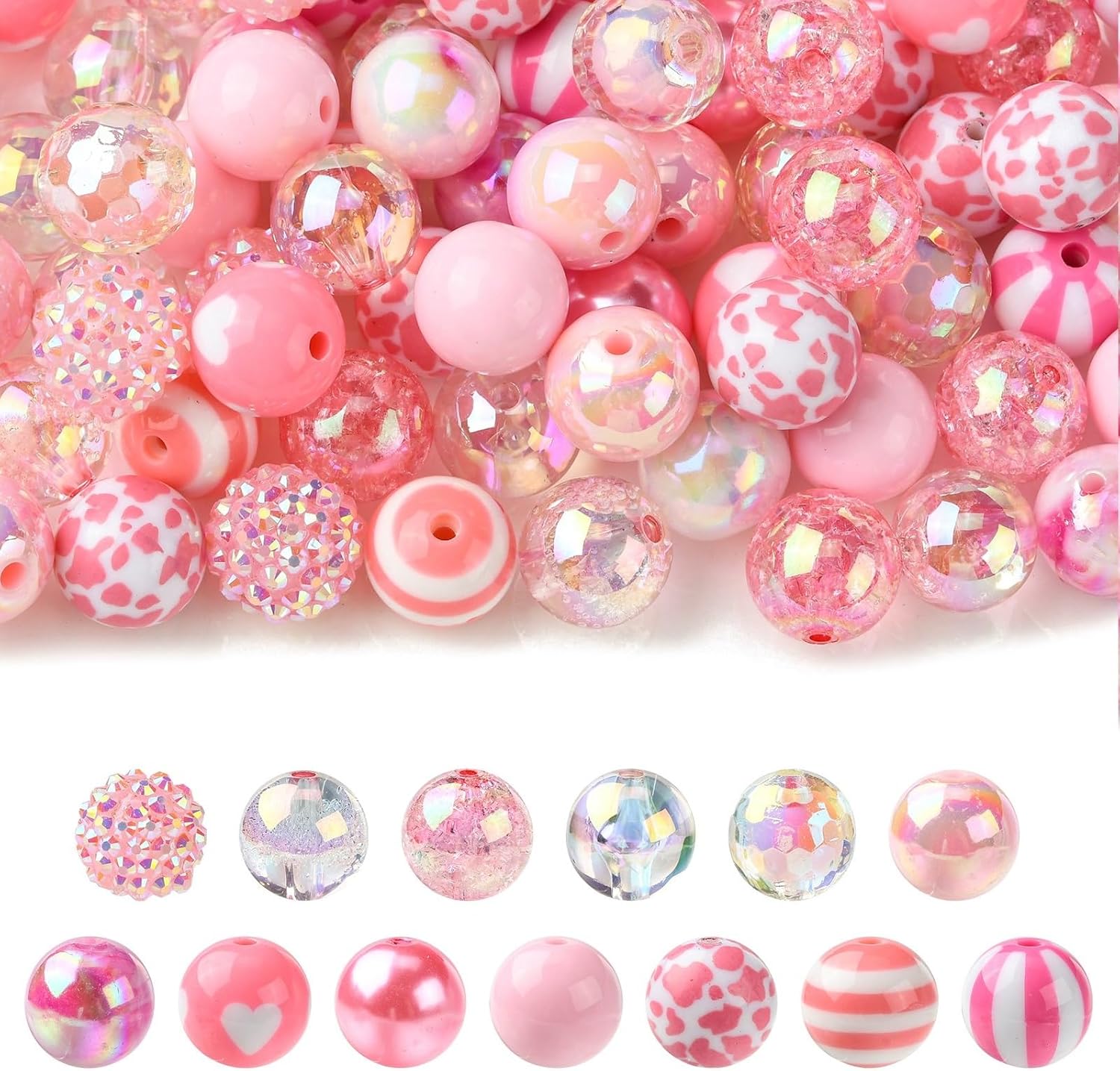 LiQunSweet 100 pcs 16mm Pink Theme Acrylic Bubblegum Beads Chunky Round Bubble Disco Crackle Loose Beads for DIY Jewelry Bracelet Necklace Crafts Bag Keychain Phone Home Decor