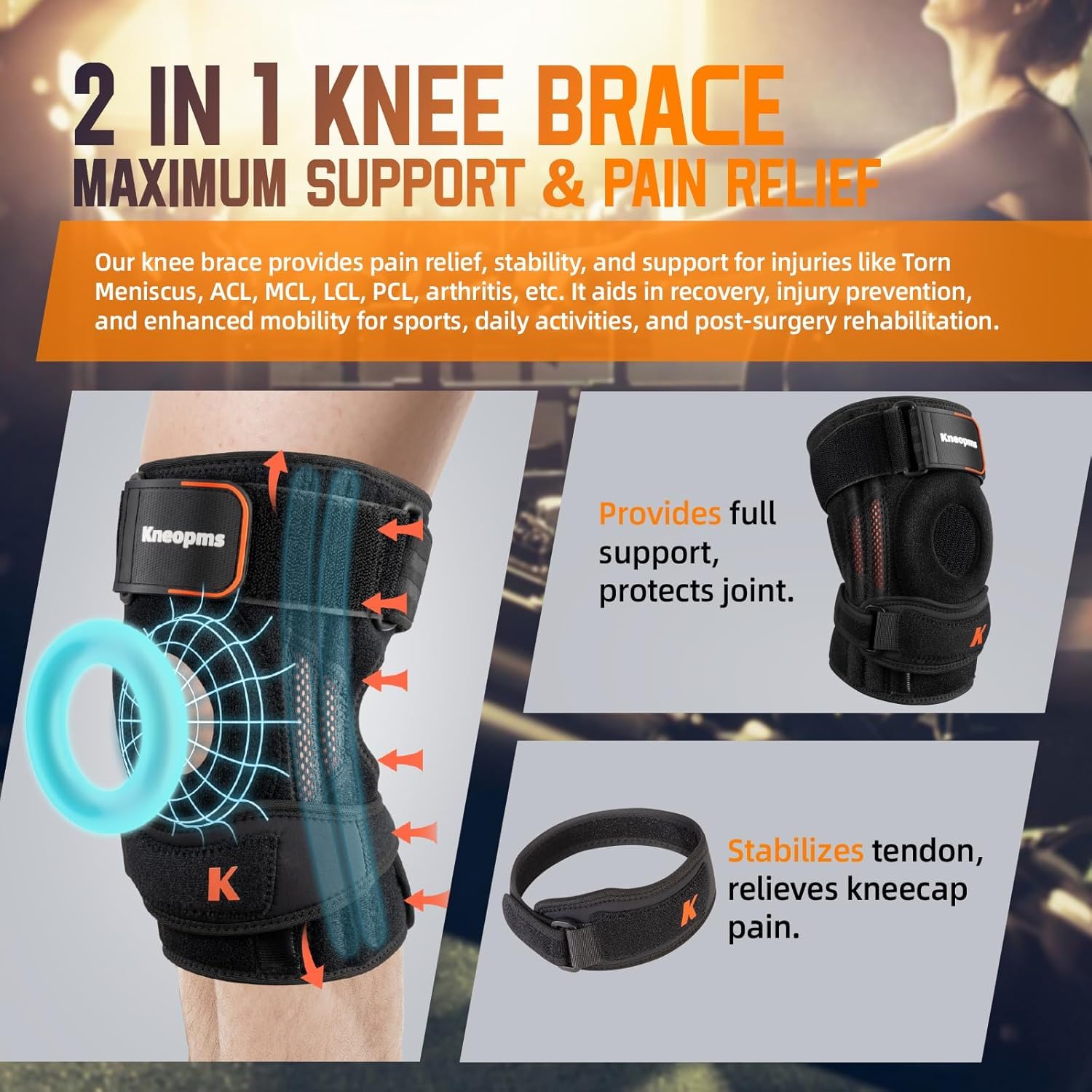 2-in-1 professional knee brace for pain relief,adjustable knee support with patella pad & side stabilizers, compression knee sleeve for meniscus tear, acl, joint pain, runner, workout-men & women