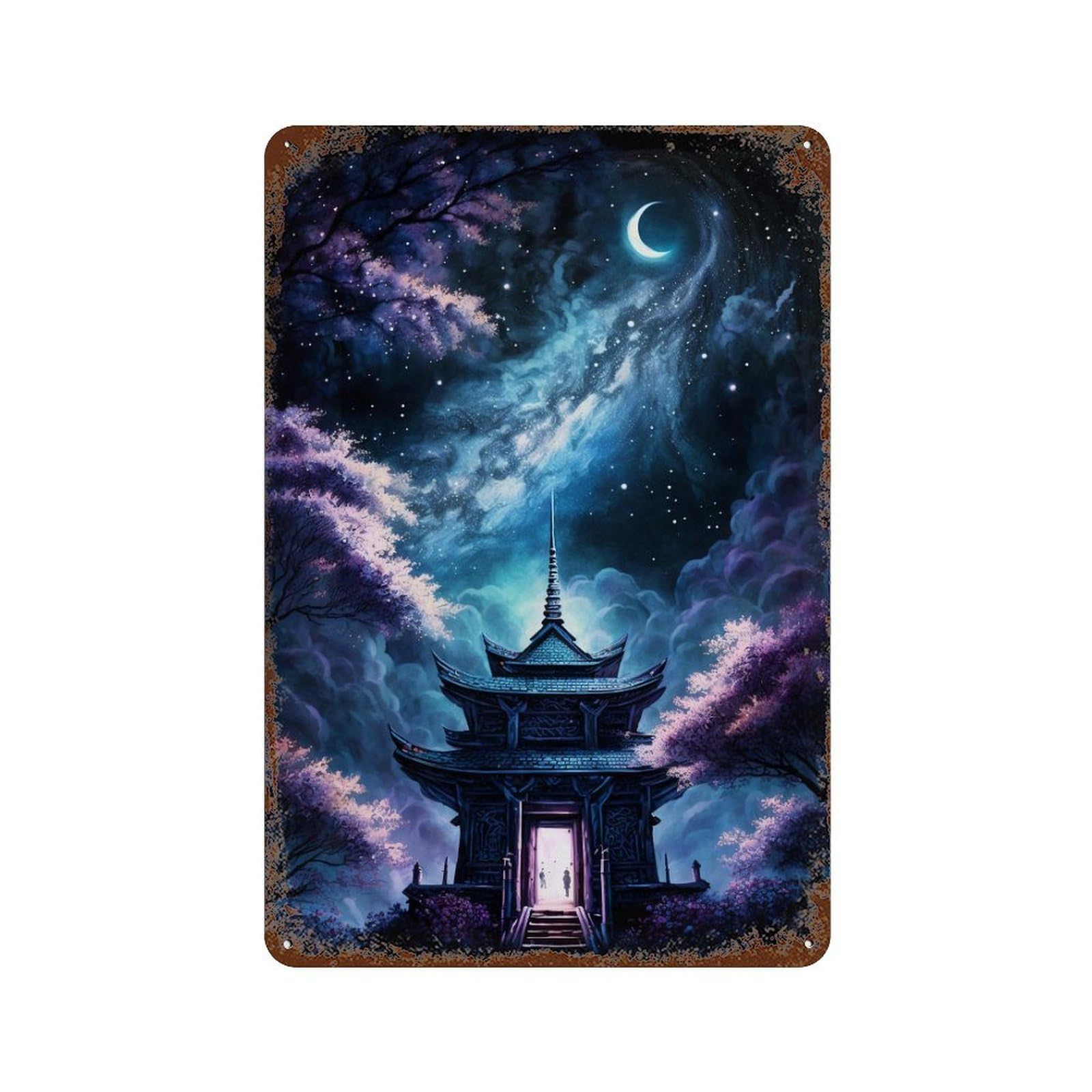 Garage Style Enchanted Night Pagoda Scene -1 Decorative Tin Sign 11.8"x7.9", Novelty Wall Decor for Bar And Workshop
