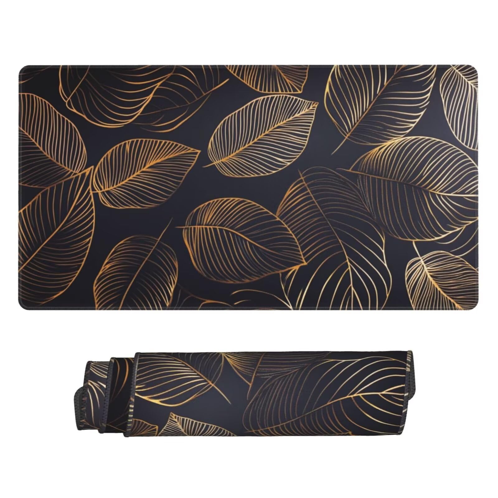 Gaming Mauspad XXL 900x600x3mm Mousepad Verlängertes Groß Mauspad Schreibtischauflage,Genähte Kanten rutschfeste Gummibasis,Verbessert Präzision Geschwindigkeit Home Office Schwarzes Blattgold L-2342