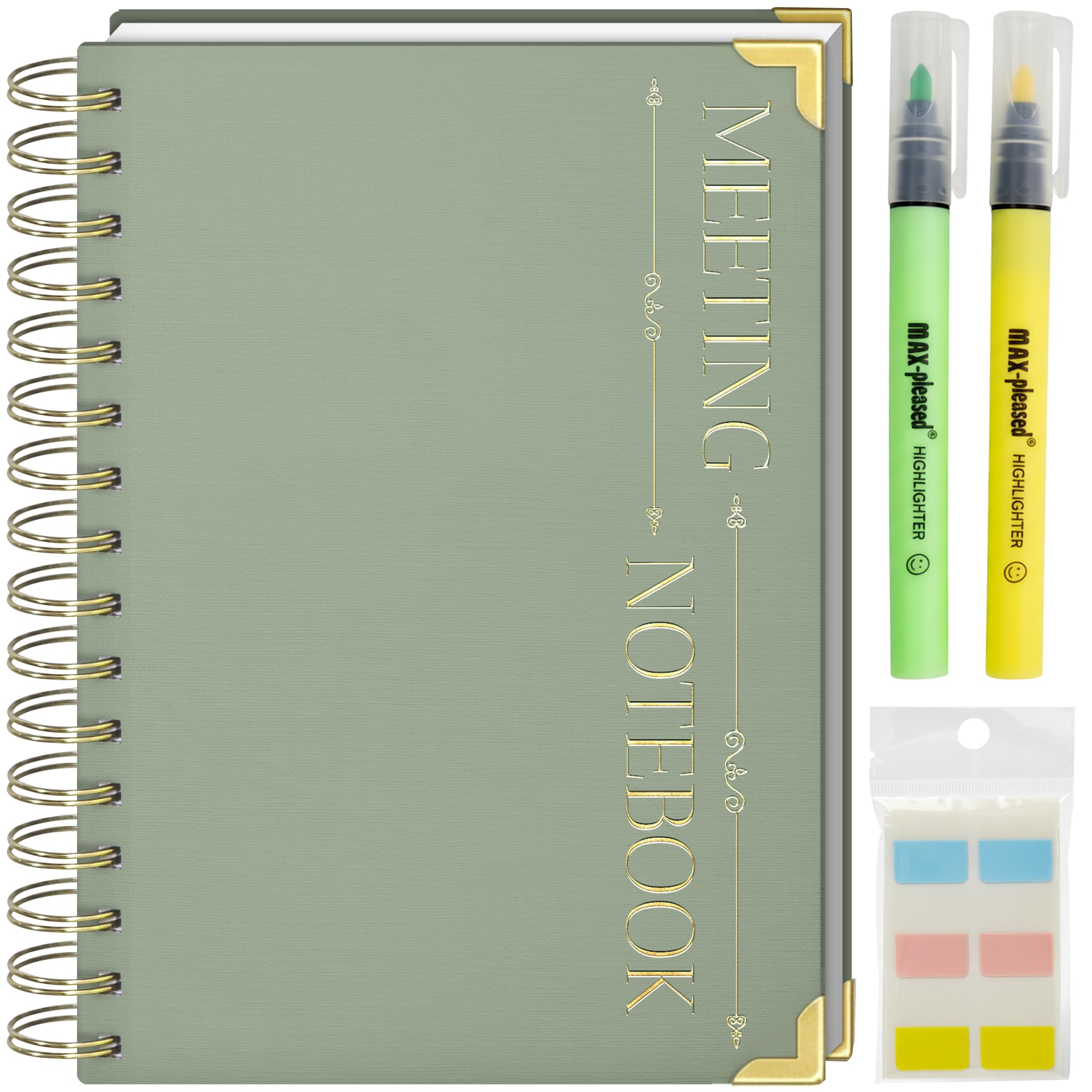 Quaderno per riunioni, include due evidenziatori, giallo, verde per prendere appunti più facili, quaderno per riunioni, include anche linguette adesive, blocco note per lavoro, + 100 pagine [formato