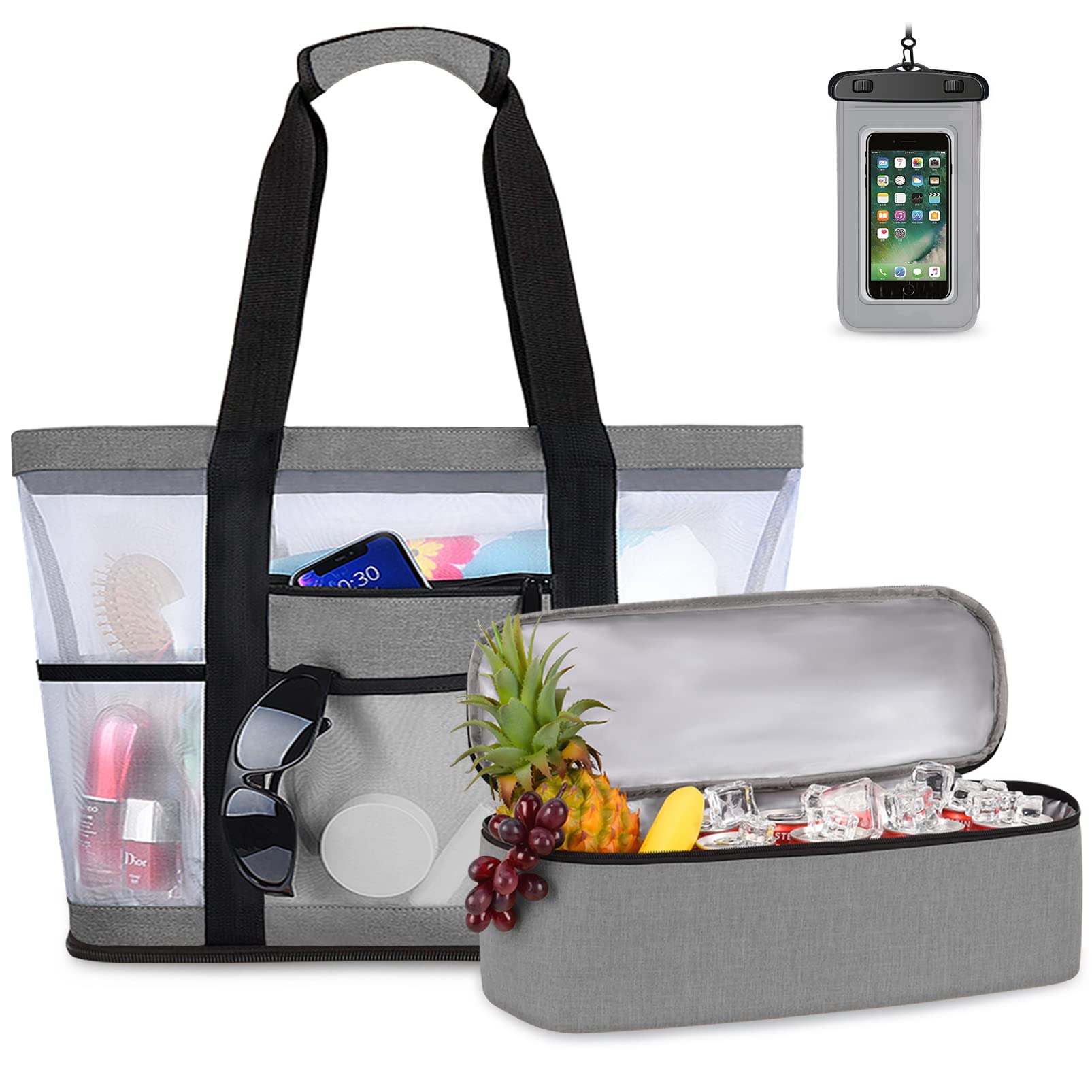 Borsa Spiaggia Impermeabile 40L, Grande Con Scomparto Termico E Tasche In Rete, 4 Compartimenti, Unisex Per Viaggi E Piscina - Colore Nero