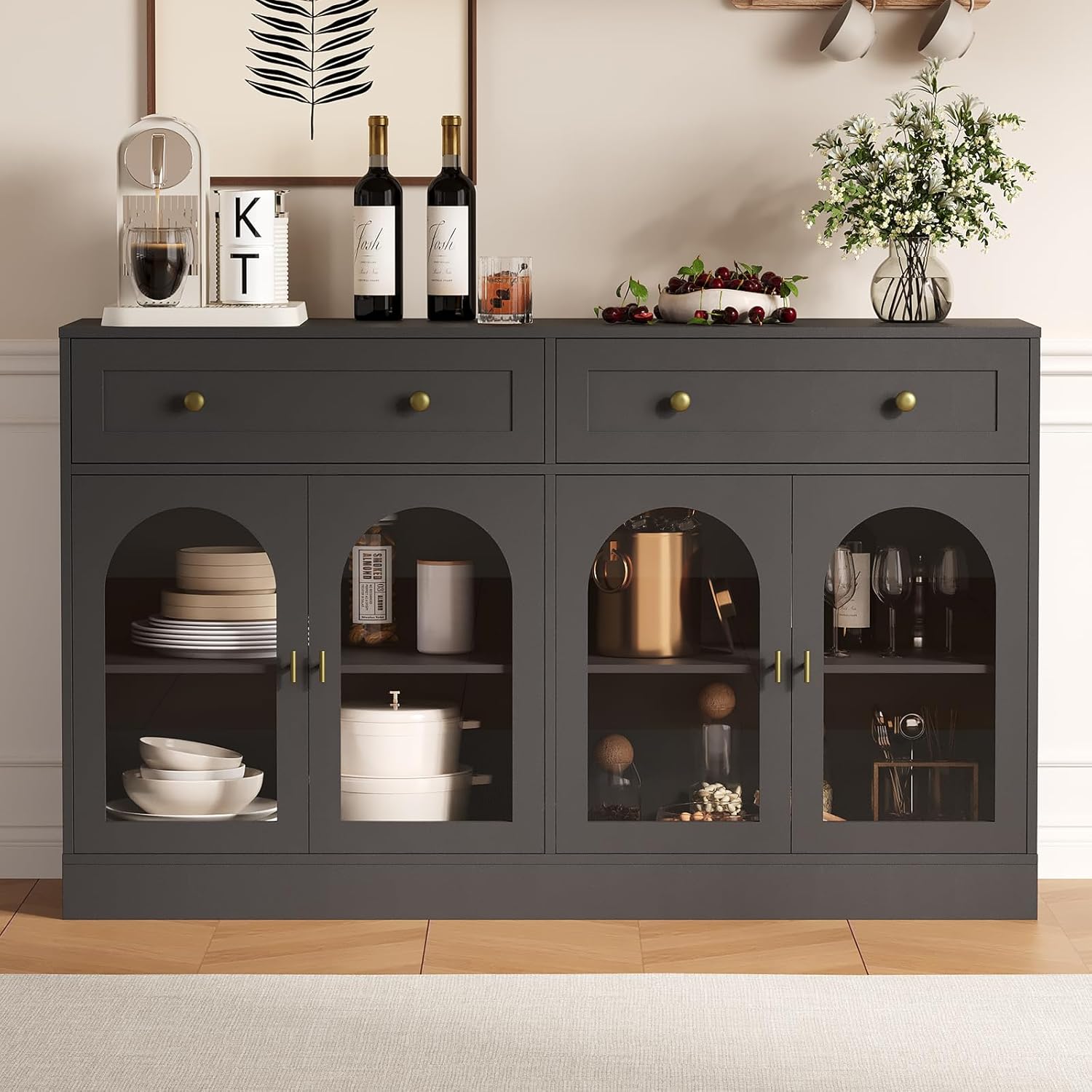 55" Modern Farmhouse Sideboard Buffet Cabinet with Storage 4 Clear Acrylic Doors - Glass Display & 2 Drawers, Accent Storage Console Table Coffee Bar Cabinet for Kitchen, Dining Room, Living Room