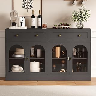 55" Farmhouse Sideboard Buffet Cabinet with Storage, Large Glass Display Cabinet Console Coffee Bar Buffet Table with 2 Drawers & Acrylic Doors for Kitchen, Dining Room, Living Room, Black