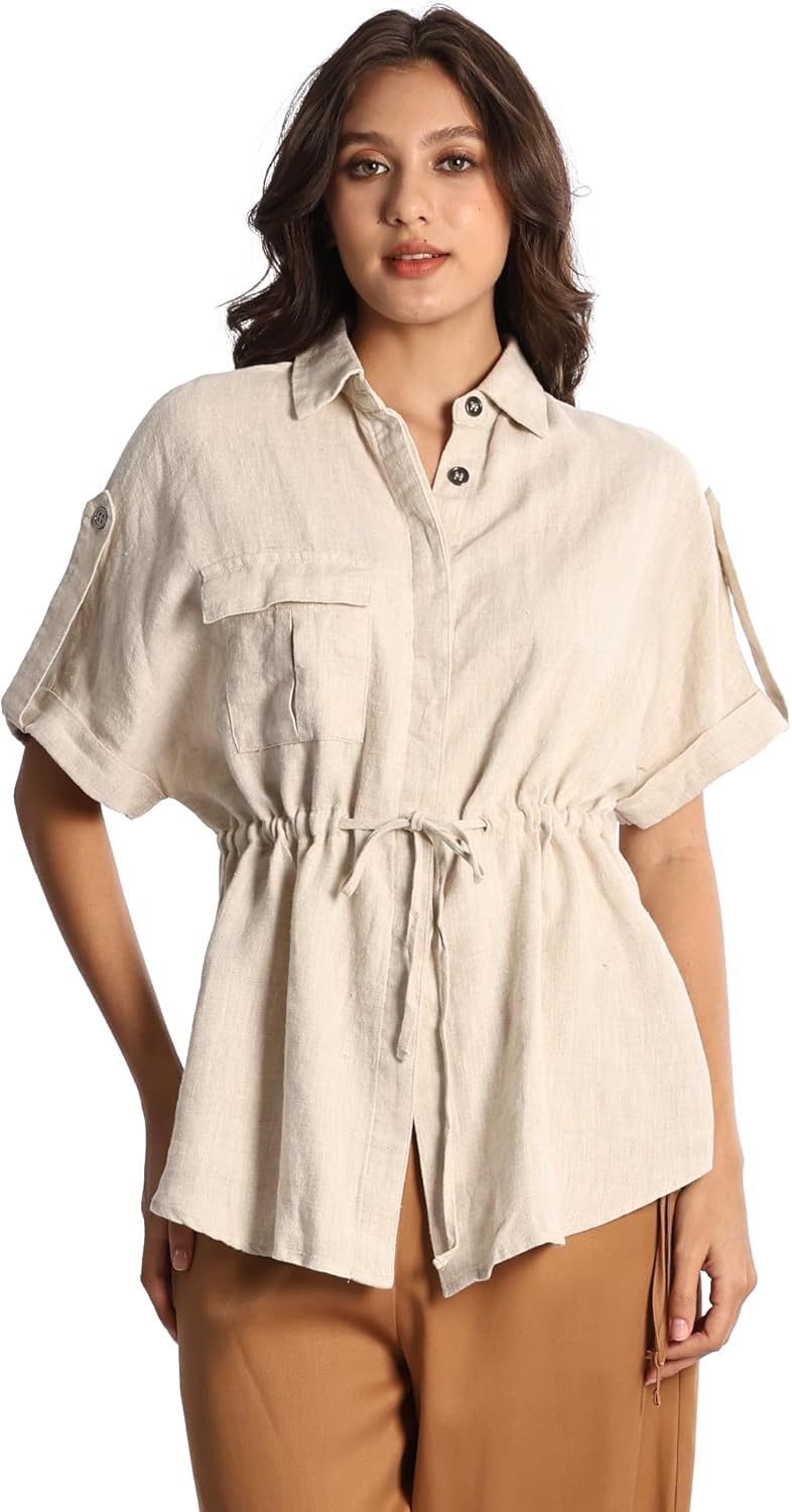 Womens Pure Linen Shirt Buttons Down Short Sleeve with Waist Tie Trendy Blouse