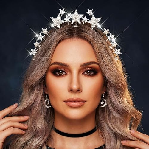 Miniatura 8 de Fashey Diadema de estrella con corona de halo plateado, accesorios para el cabello para mujer (plateado)