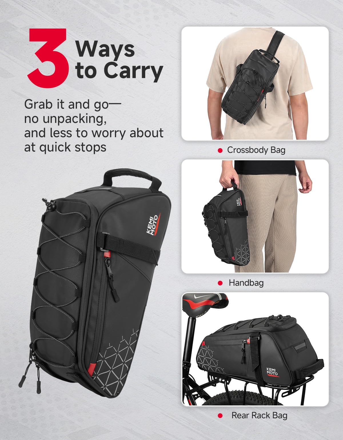 KEMIMOTO Borsa posteriore per portabici – 8L PVC resistente all'acqua Ebike borse per bicicletta | Borsa per bagagliaio da bicicletta, per pendolari, viaggi, shopping e ciclismo, con strisce riflettenti, leggera (nero)