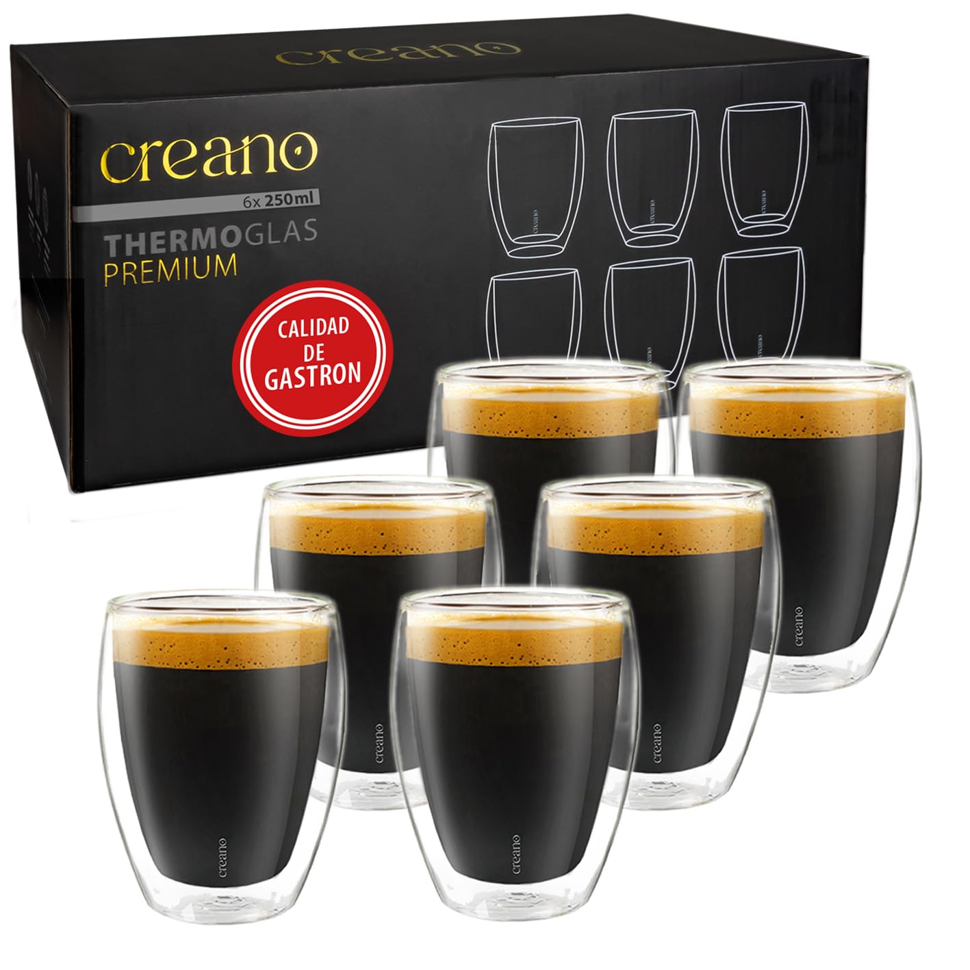 Creano Vasos de Doble Pared de Vidrio de Borosilicato Calidad Gastronómica para Café y Té 250ml – Juego de 6 Vasos