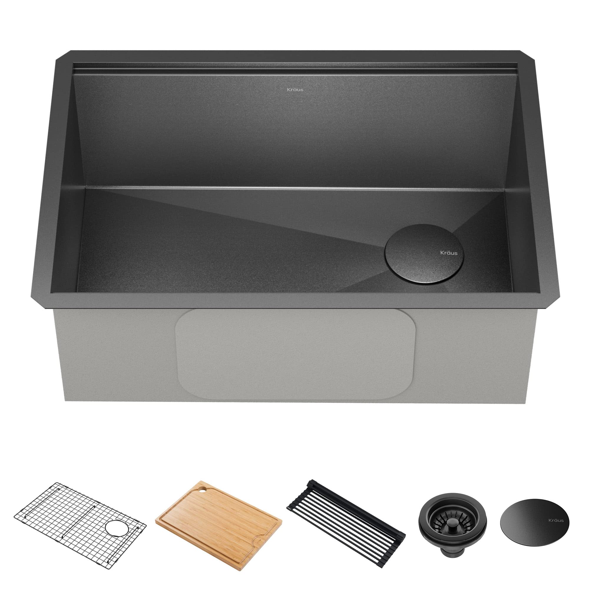 KrausKore 27 Inch Undermount Workstation 16 Gauge Stainless Steel Single Bowl Kitchen Sink with Accessories in PVD Gunmetal Finish with Accessories, KWU110-27-PGM