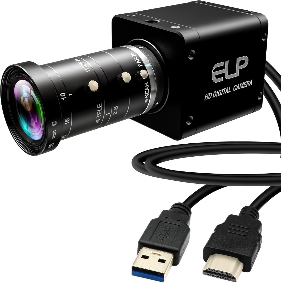 Cámara industrial 4K USB3.0 HDMI, 60 fps H.264 de alta velocidad con lente de zoom manual 5X de 10-55 mm Cámara Lightburn, salida simultánea USB HDMI Plug&Play para proyector de TV Transmisión de videoconferencias