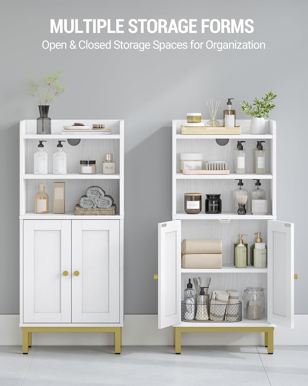 Image illustrating the multiple storage forms with open and closed compartments filled with various bathroom items.