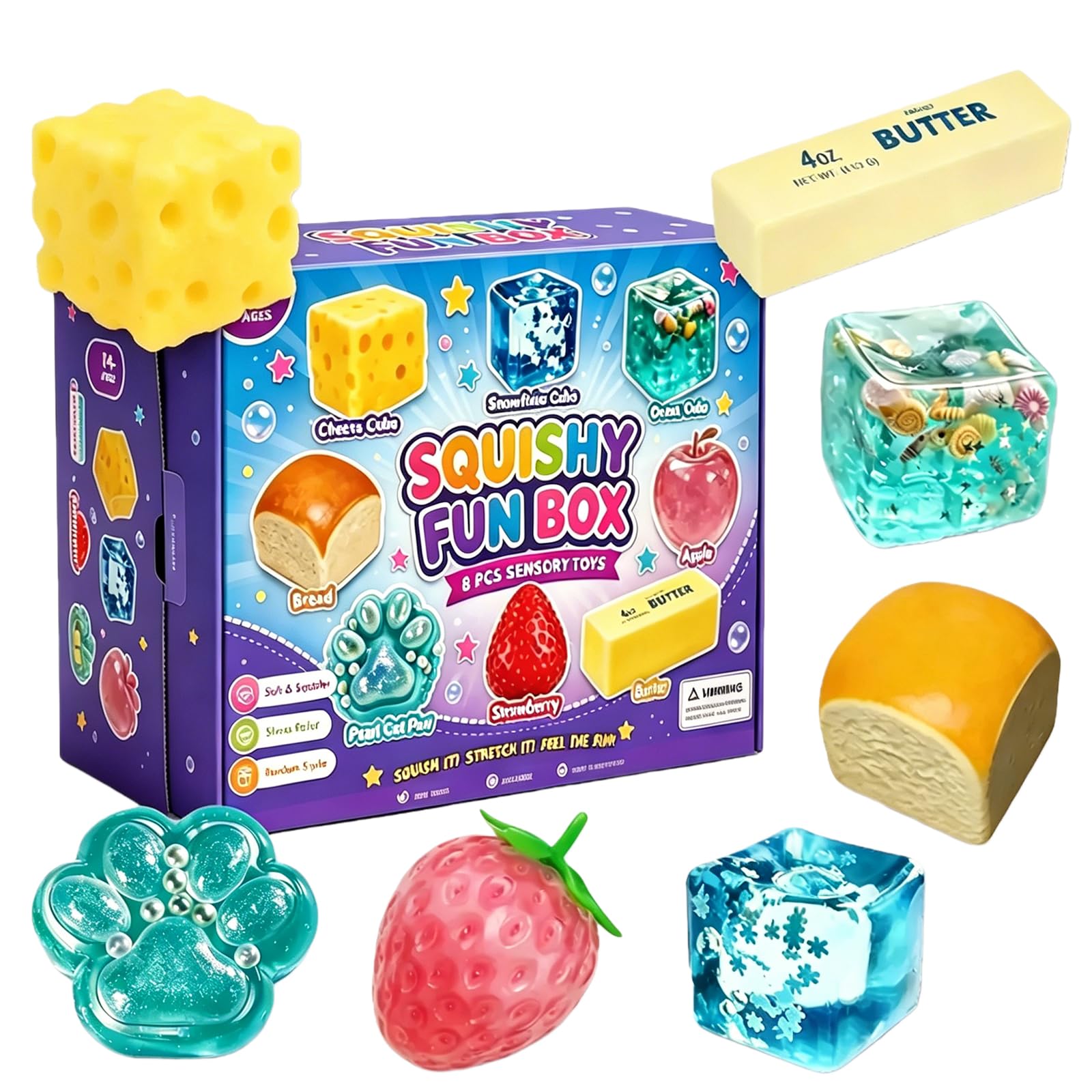 8 PCS Squishy Box, Squishy Mystery Box Set Cute Butter, Dumpling, Strawberry, Realistic Shaped Squeezes Balls, Squeeze Slow Rising Stress Relief Soft Cute Anxiety Gifts Party Favor (#A)