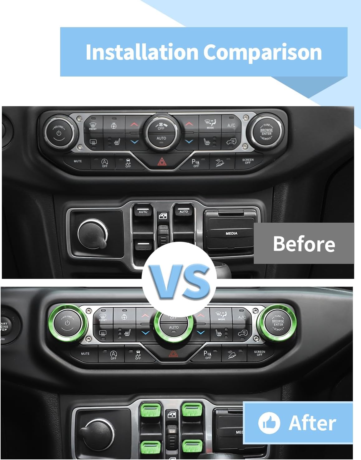 Voodonala JL 8PCS Metal Window Switch Knob Cover, Air Conditioner Headlight Volume Radio Switch Button Trim Compatible with Jeep Wrangler JL JLU & Gladiator JT 2018-2025, Green