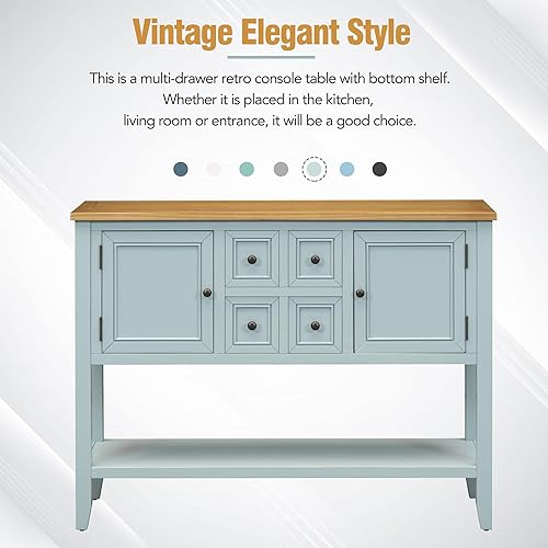 Miniatura 14 de Mesa de consola buffet aparador sofá mesa auxiliar de entrada con 4 cajones de almacenamiento, 2 armarios y estante inferior para sala de estar Gris