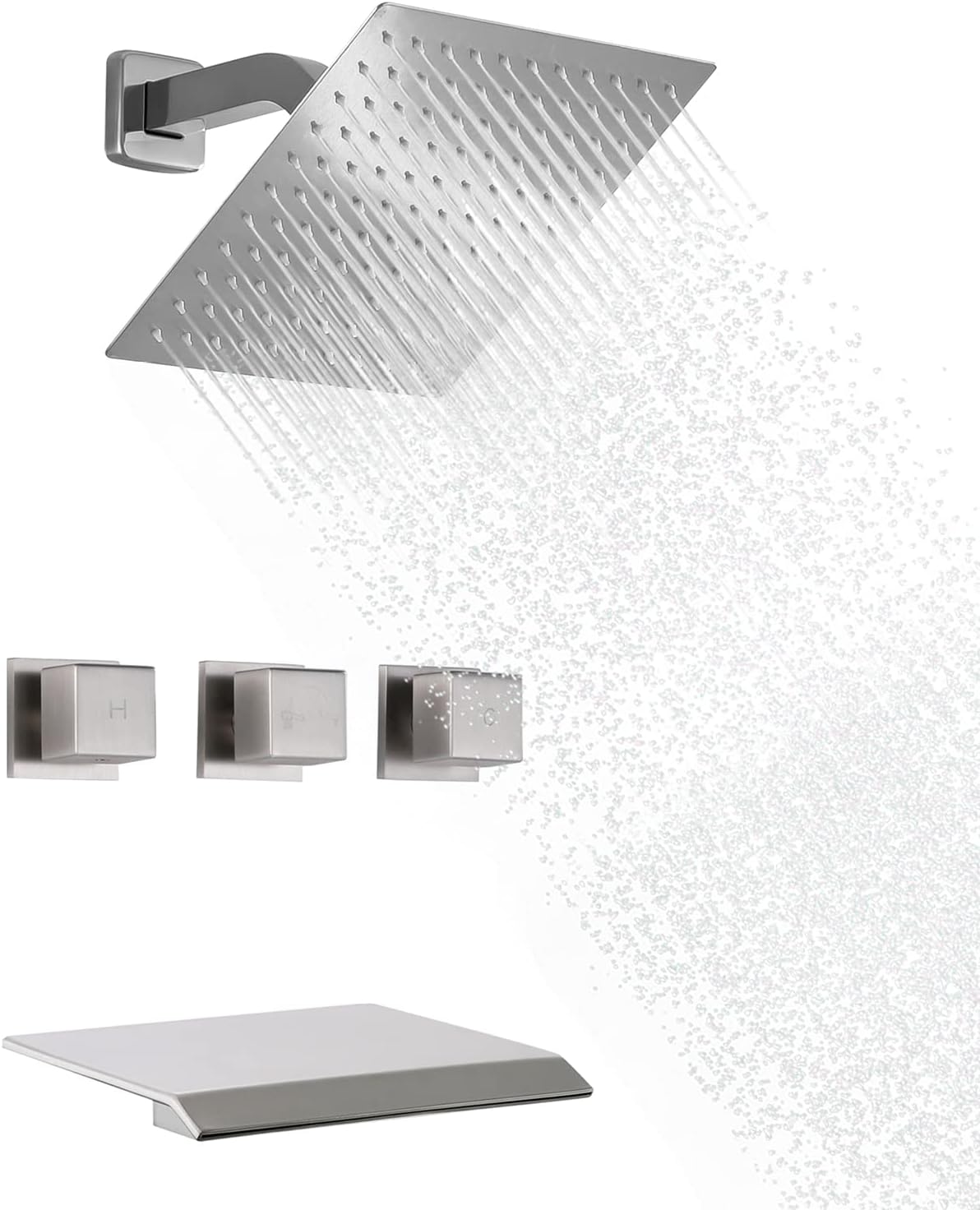 Wall Mount 3 Handles Tub Shower Faucet Bathroom Bathtub Faucet with Waterfall Tub Spout High Flow Tub and Shower Trim Kit with Valve, Brushed Nickel