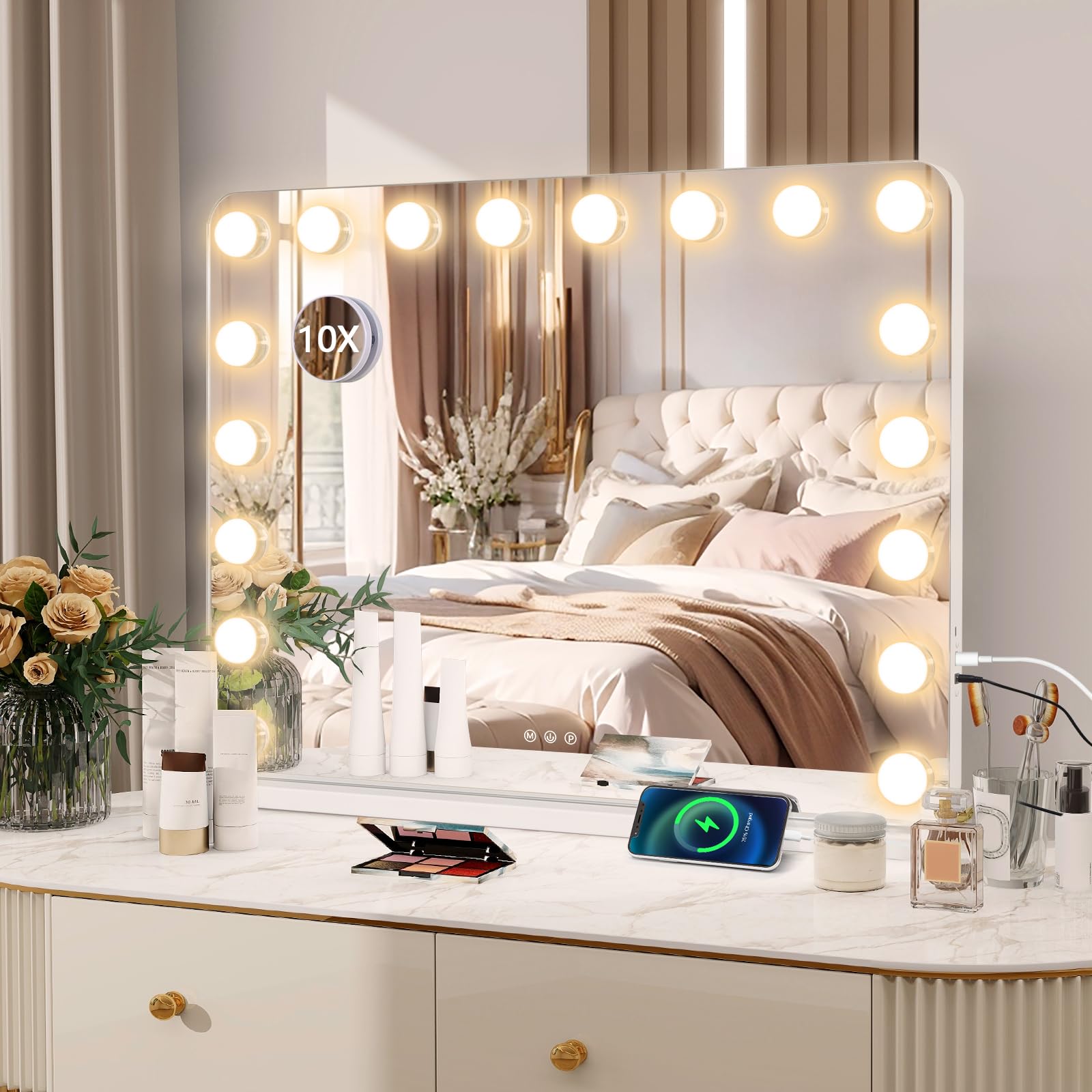 YU YUSING Hollywood Schminkspiegel mit Beleuchtung, 80x60cm 18 LED-Licht Kosmetikspiegel 3 Modi, Vanity Spiegel Tischspiegel Wandspiegel mit USB 10X Vergrößerung für Schlafzimmer Schminktisch, Weiß