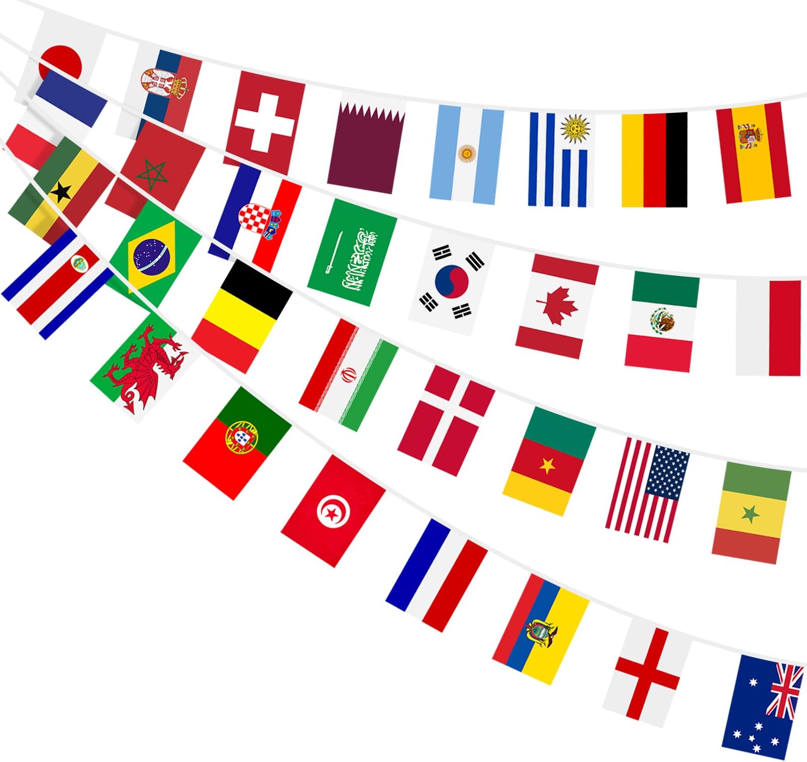 AhfuLife 32 Countries World String Flag Banner for Party Decorations, International Flags Banner Double Sided Polyester for Olympic World Cup Sports Event Home Bar Party Decor (5.51 x 8.26 In-4 Packs)
