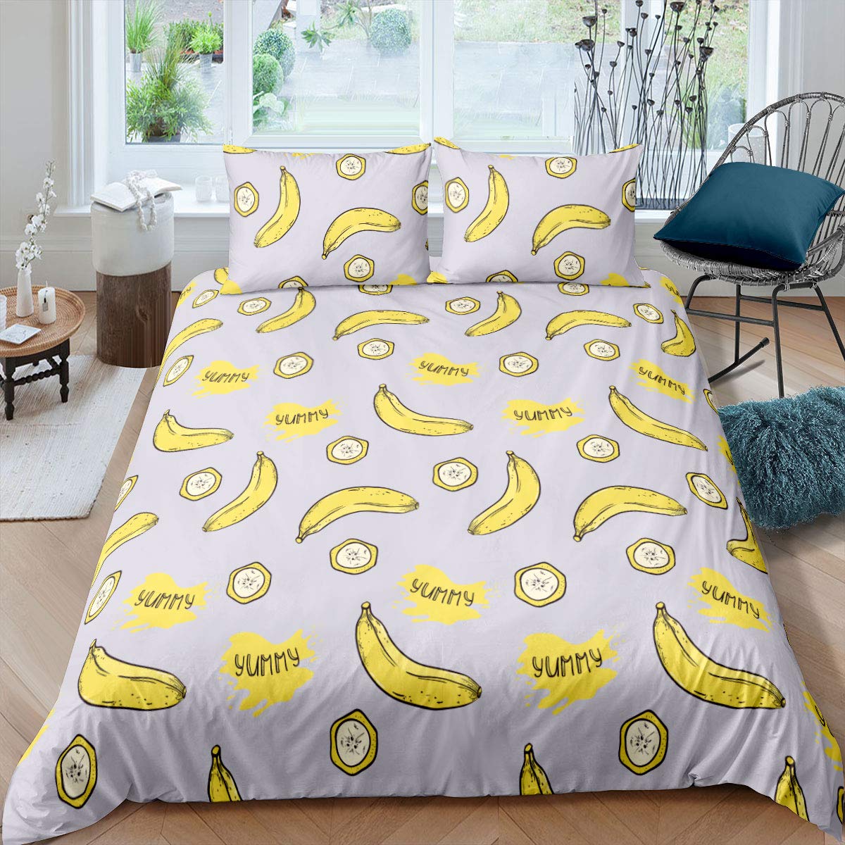 Loussiesd Women's Banana Duvet Cover Set King Size For Tropical Fruits Bedding Set Decorative Soft Microfiber Polyester Comforter Cover With 2 Pillow Shams, Cute Lovely 3 Pieces, Zipper Closure