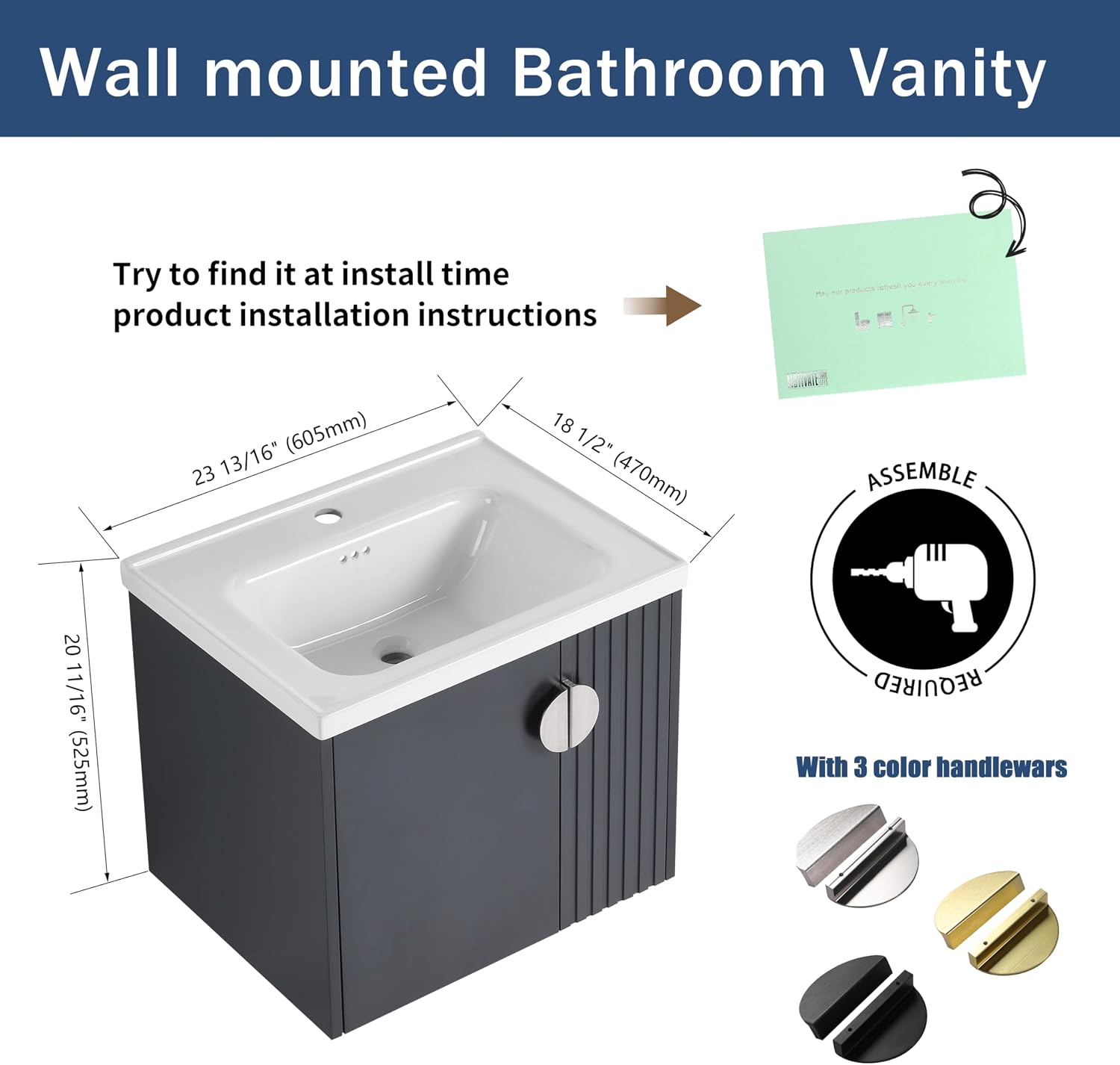 24" Bathroom Vanity with Cermaic Sink, 24 in Floating Bathroom Vanity with Soft Close Doors, Bathroom Single Sink Cabinet Combo, Modern Black Wall Mounted Cabinet Set