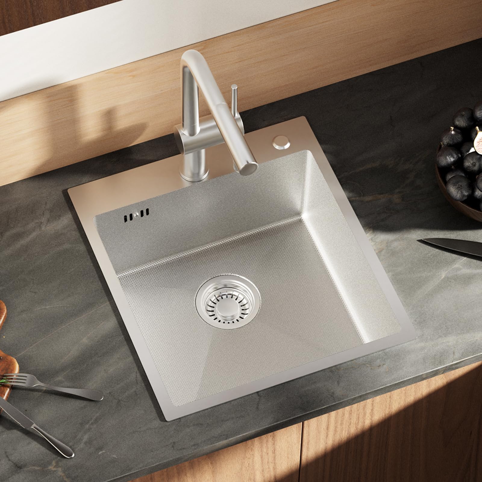 CECIPA 44x49 cm Lavello Cucina 1 Vasca in Acciaio Inox con Foro, Lavandino Cucina 1 Vasca per Mobile da 45cm, Lavello da Incasso o Banco con Sifone e Scarico