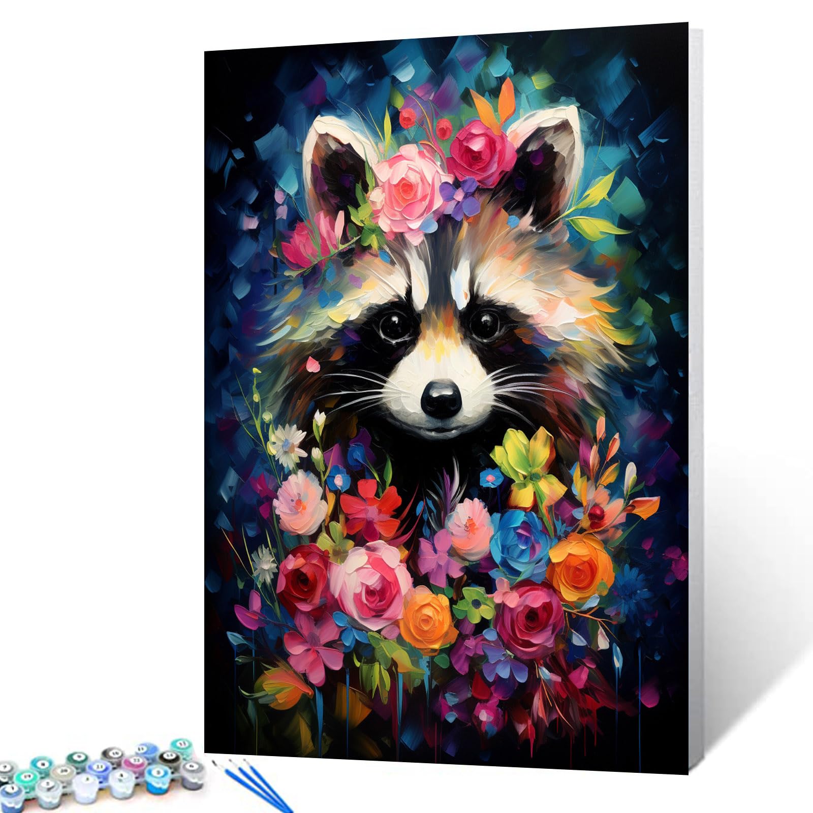 Raccoon Flowers Paint by Number for Adults Beginner, DIY Oil Painting Kits on Canvas with Brushes and Acrylic Pigment, Abstract Floral Cute Animal Picture for Home Decor 16x20inch (Frameless)
