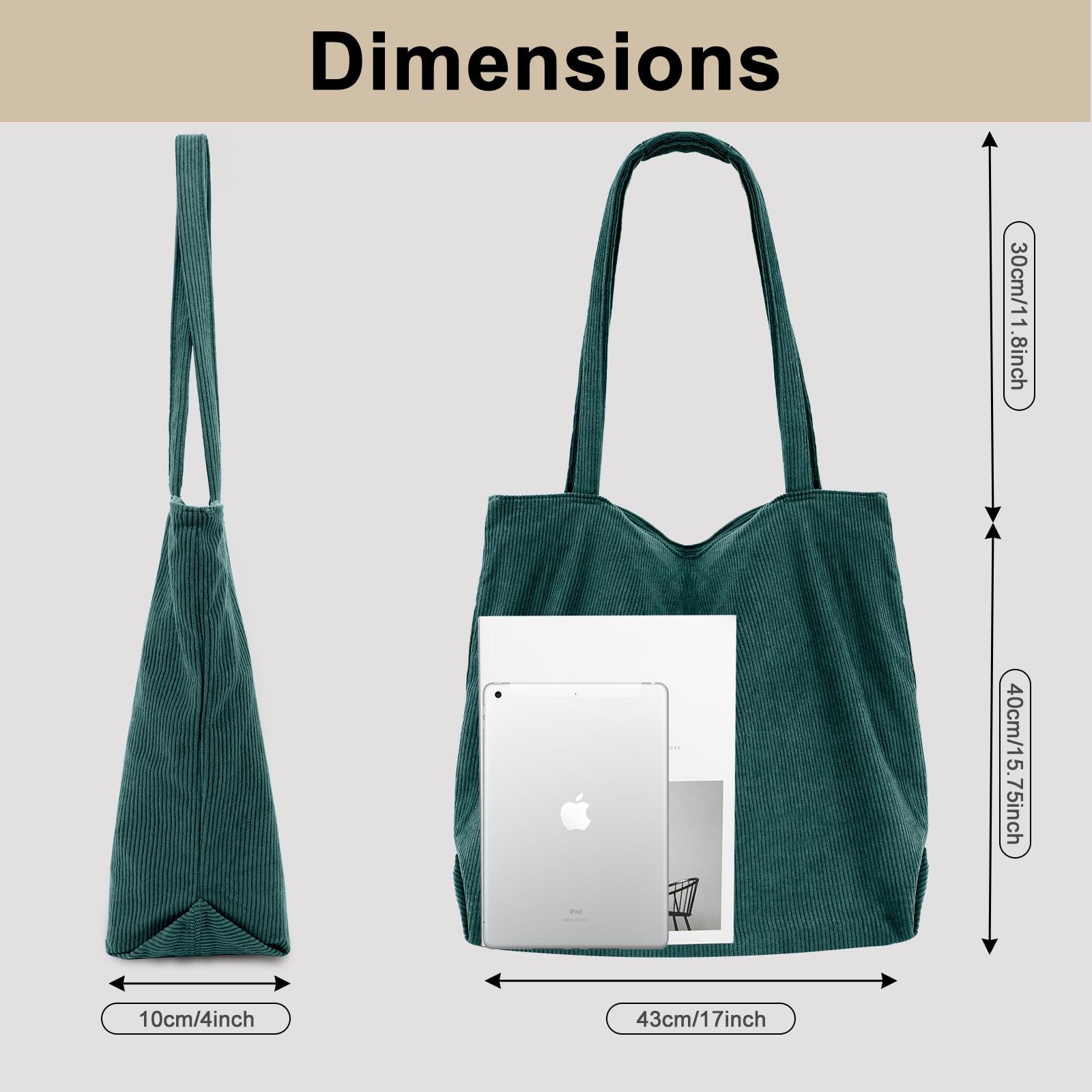 CNMTCCO Tote Bag damska torba na zakupy, duża, ze sztruksu, torba na zakupy, z zamkiem błyskawicznym, kieszeniami i przegródkami – idealna do szkoły, pracy, na zakupy, w podróż, na co dzień, zielony