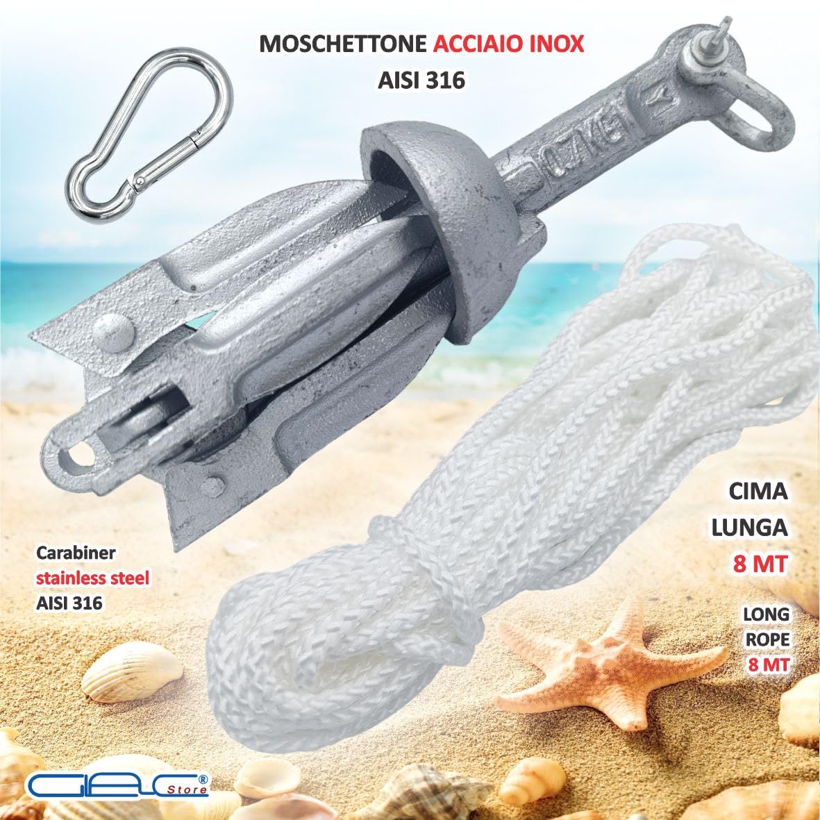 Ancora ad Ombrello Pieghevole in Acciaio AISI 316, 0,7 kg, 160x180 mm, con Cima 8 m e Moschettone, per Pesca e Kayak