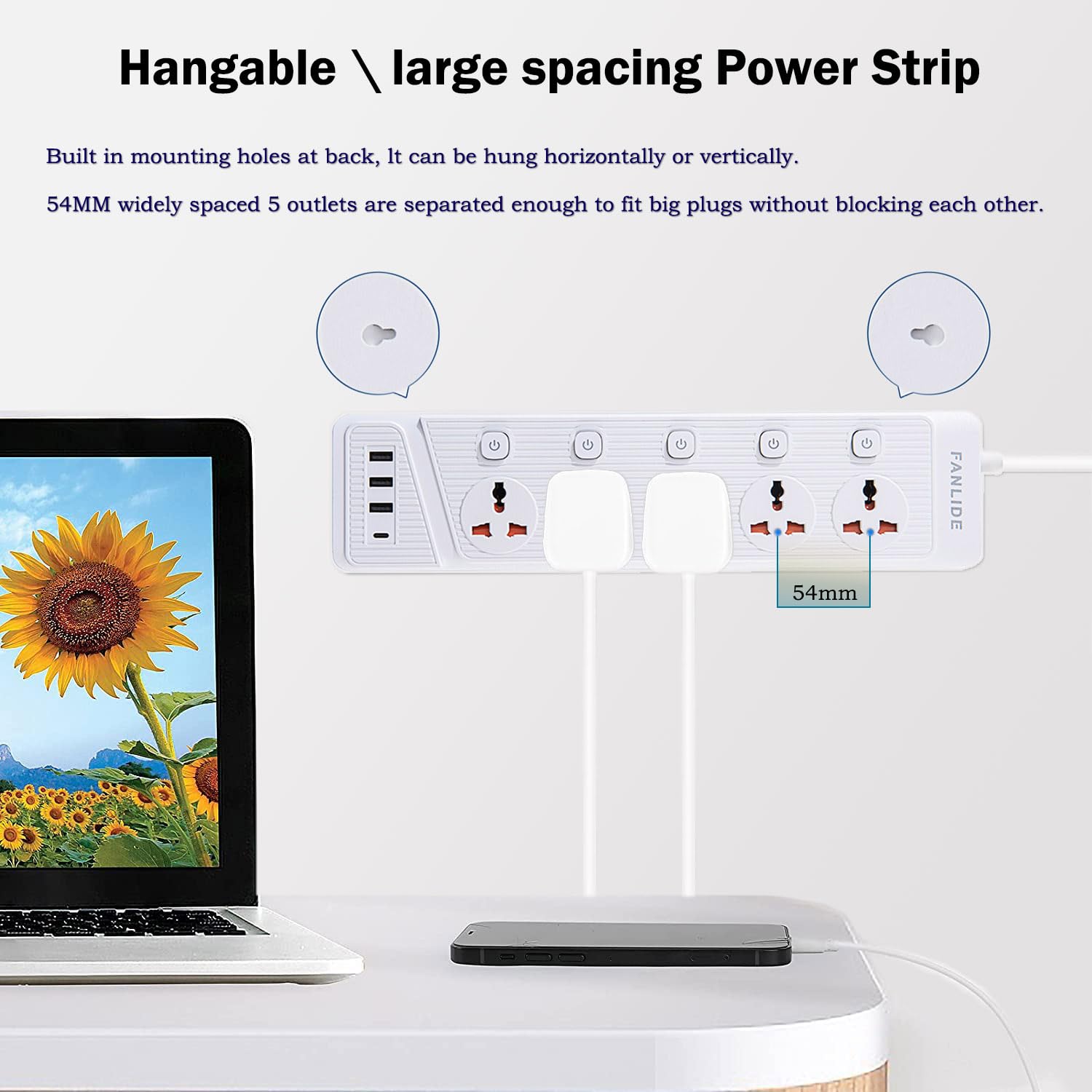 FANLIDE Universal Steckdosenleiste mit USB C, 5 Steckdosen 3 USB und 1 USB C Anschluss, Leitungsschutzschalter 2m Stromkabel