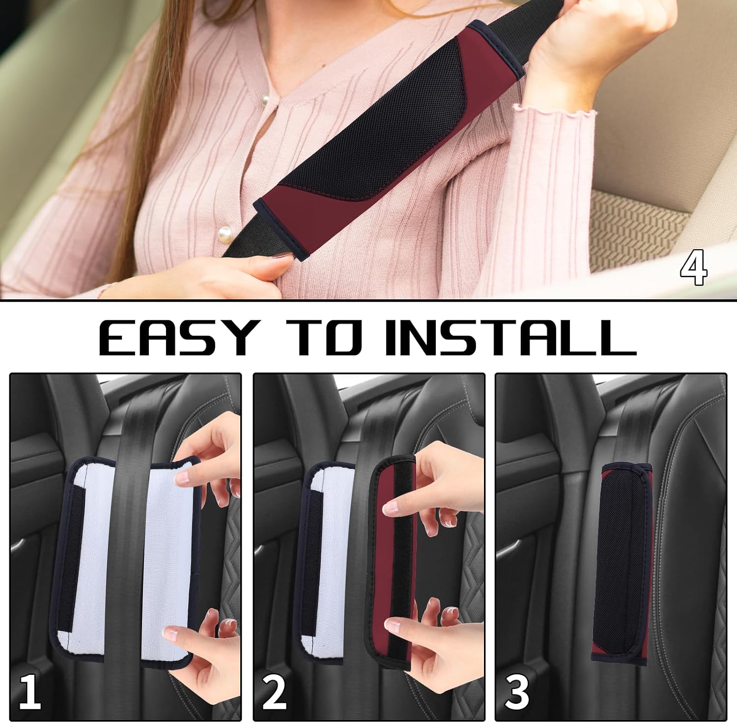 2PCS Seat Belt Cover Pad, Soft Leather Mesh Seatbelt Cover(WineRed) image 5