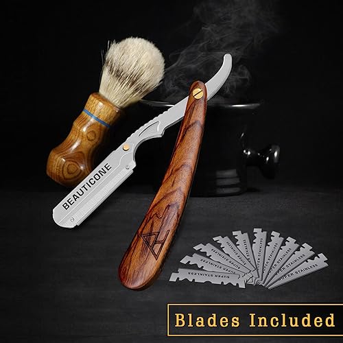 Miniatura 4 de BEAUTICONE Maquinillas de afeitar rectas para hombres, maquinilla de afeitar de borde recto, 100 cuchillas de un solo filo, acero inoxidable,