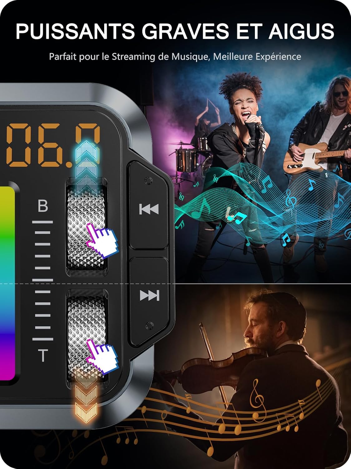 Bass and Treble adjustment knobs on the LENCENT FM Transmitter