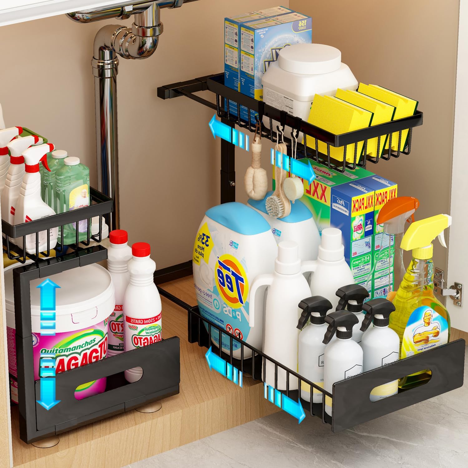 Under Sink Organizer, Adjustable Shelves, 2 Pack Pull Out Cabinet Organizer Slide Out Sink Shelf Cabinet Storage Shelves, Under Sink Storage for Kitchen Bathroom Cabinet